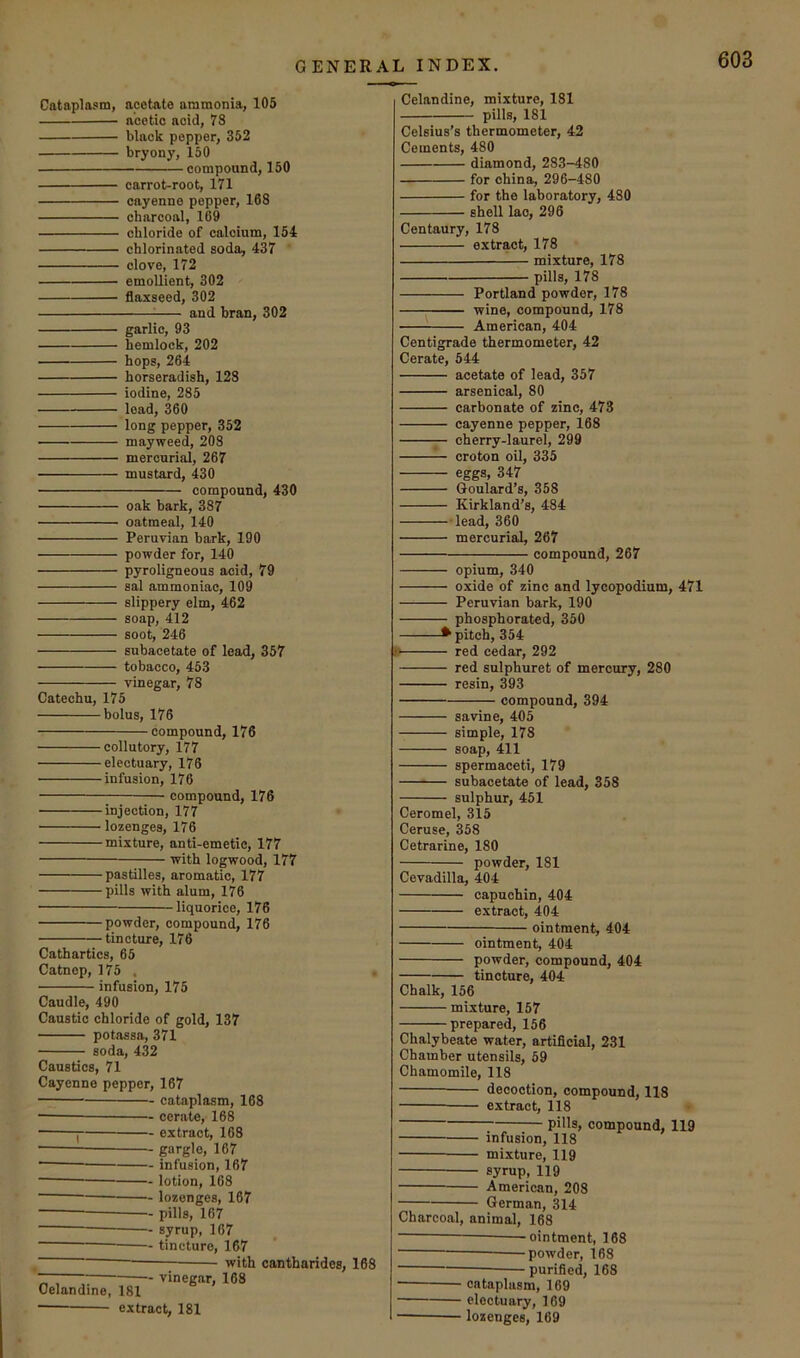 Cataplasm, acetate ammonia, 105 a'cetio acid, 78 black pepper, 352 bryony, 150 compound, 150 carrot-root, 171 cayenne pepper, 168 charcoal, 169 chloride of calcium, 154 chlorinated soda, 437 clove, 172 emollient, 302 flaxseed, 302 : and bran, 302 garlic, 93 hemlock, 202 hops, 264 horseradish, 128 iodine, 285 lead, 360 long pepper, 352 mayweed, 208 mercurial, 267 mustard, 430 compound, 430 oak bark, 387 oatmeal, 140 Peruvian bark, 190 powder for, 140 pyroligneous acid, 79 sal ammoniac, 109 slippery elm, 462 soap, 412 soot, 246 subacetate of lead, 357 tobacco, 453 vinegar, 78 Catechu, 175 bolus, 176 compound, 176 collutory, 177 electuary, 176 infusion, 176 compound, 176 injection, 177 lozenges, 176 mixture, anti-emetic, 177 with logwood, 177 pastilles, aromatic, 177 pills with alum, 176 liquorice, 176 powder, compound, 176 tincture, 176 Cathartics, 65 Catnep, 175 , infusion, 175 Caudle, 490 Caustic chloride of gold, 137 potassa, 371 soda, 432 Caustics, 71 Cayenne pepper, 167 cataplasm, 168 cerate, 168 j extract, 168 gargle, 167 infusion, 167 lotion, 168 ■ lozenges, 167 pills, 167 syrup, 167 ■ tincture, 167 with cantharides, 168 vinegar, 168 Celandine, 181 extract, 181 Celandine, mixture, 181 pills, 181 Celsius’s thermometer, 42 Cements, 480 diamond, 283-480 for china, 296-480 for the laboratory, 480 shell lac, 296 Centaury, 178 extract, 178 mixture, 178 pills, 178 Portland powder, 178 wine, compound, 178 i American, 404 Centigrade thermometer, 42 Cerate, 544 acetate of lead, 357 arsenical, 80 carbonate of zinc, 473 cayenne pepper, 168 cherry-laurel, 299 croton oil, 335 eggs, 347 Goulard’s, 358 Kirkland’s, 484 -lead, 360 mercurial, 267 compound, 267 opium, 340 oxide of zinc and lycopodium, 471 Peruvian bark, 190 phosphorated, 350 ^ pitch, 354 i> red cedar, 292 red sulphuret of mercury, 280 resin, 393 compound, 394 savine, 405 simple, 178 soap, 411 spermaceti, 179 subacetate of lead, 358 sulphur, 451 Ceromel, 315 Ceruse, 358 Cetrarine, 180 powder, 181 Cevadilla, 404 capuchin, 404 extract, 404 ointment, 404 ointment, 404 powder, compound, 404 tincture, 404 Chalk, 156 mixture, 157 prepared, 156 Chalybeate water, artificial, 231 Chamber utensils, 59 Chamomile, 118 decoction, compound, 118 extract, 118 pills, compound, 119 infusion, 118 mixture, 119 syrup, 119 American, 208 German, 314 Charcoal, animal, 168 -ointment, 168 powder, 168 —purified, 168 • cataplasm, 169 electuary, 169 lozenges, 169