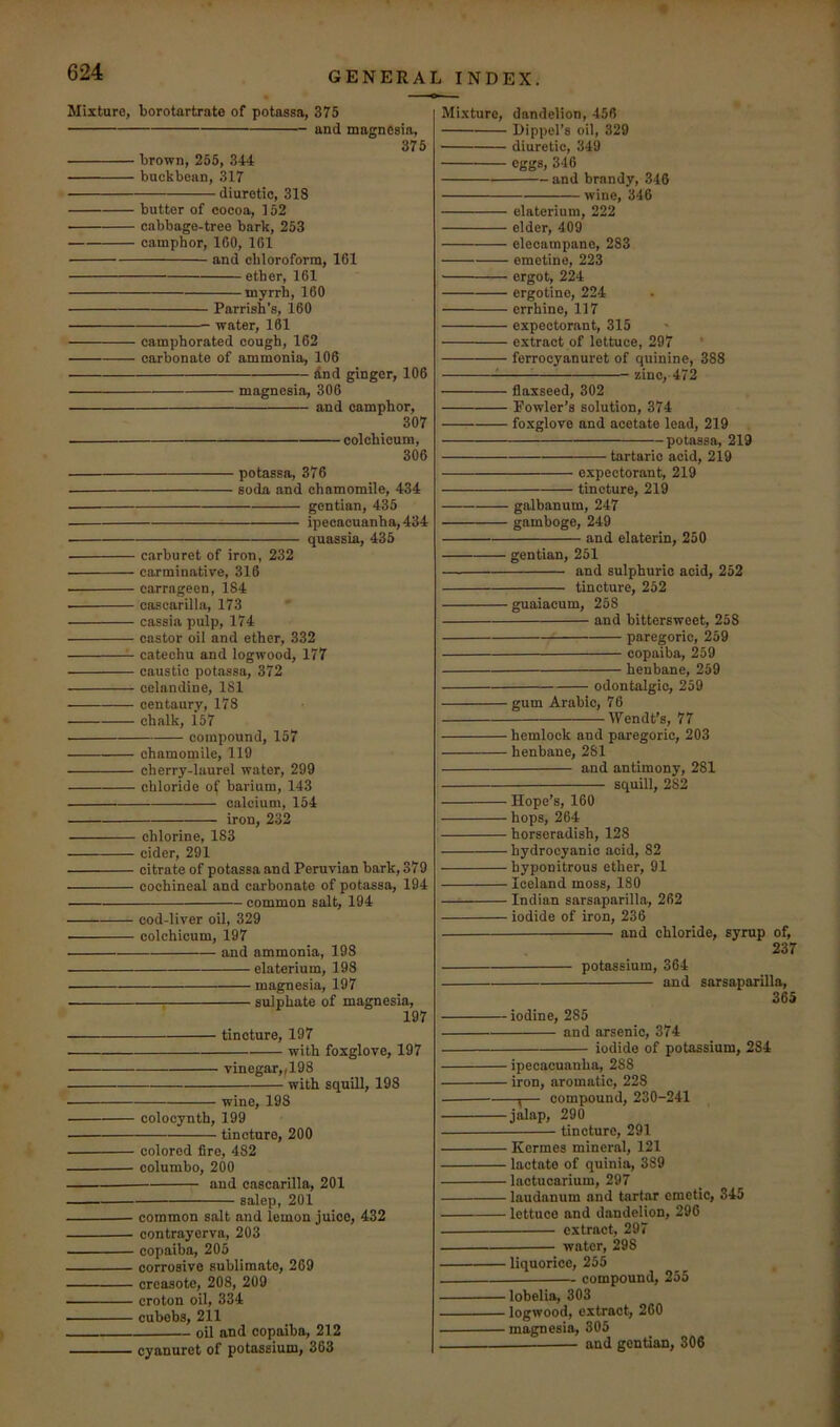 Mixture, borotartrate of potassa, 375 and magnesia, 375 brown, 255, 344 buckboan, 317 diuretic, 318 butter of cocoa, 152 cabbage-tree bark, 253 camphor, 160, 101 and chloroform, 161 ether, 161 myrrh, 160 Parrish’s, 160 water, 161 camphorated cough, 162 carbonate of ammonia, 106 dnd ginger, 106 magnesia, 308 and camphor, 307 colchieum, 306 potassa, 376 soda and chamomile, 434 gentian, 435 ipecacuanha, 434 quassia, 435 carburet of iron, 232 carminative, 316 carrageen, 184 cascarilla, 173 cassia pulp, 174 castor oil and ether, 332 catechu and logwood, 177 caustic potassa, 372 celandine, 181 centaury, 178 chalk, 157 compound, 157 chamomile, 119 cherry-laurel water, 299 chloride of barium, 143 calcium, 154 iron, 232 chlorine, 183 cider, 291 citrate of potassa and Peruvian bark, 379 cochineal and carbonate of potassa, 194 common salt, 194 cod-liver oil, 329 colchicum, 197 and ammonia, 198 elaterium, 198 magnesia, 197 ^ sulphate of magnesia, 197 tincture, 197 with foxglove, 197 vinegar, 4 98 with squill, 198 wine, 198 colocynth, 199 tincture, 200 colored fire, 482 columbo, 200 and cascarilla, 201 salep, 201 common salt and lemon juice, 432 contrayerva, 203 copaiba, 205 corrosive sublimate, 269 creasote, 208, 209 croton oil, 334 cubebs, 211 oil and copaiba, 212 cyanuret of potassium, 363 Mi.vture, dandelion, 456 Dippel’s oil, 329 diuretic, 349 eggs, 346 and brandy, 346 wine, 346 elaterium, 222 elder, 409 elecampane, 283 emetine, 223 ergot, 224 ergotino, 224 errhine, 117 expectorant, 315 extract of lettuce, 297 ferrocyanuret of quinine, 388 ^ zinc, 472 flaxseed, 302 Fowler’s solution, 374 foxglove and acetate lead, 219 potassa, 219 tartaric acid, 219 expectorant, 219 tincture, 219 galbanum, 247 gamboge, 249 and elaterin, 250 gentian, 251 and sulphuric acid, 252 tincture, 252 guaiacum, 258 and bittersweet, 258 paregoric, 259 copaiba, 259 henbane, 259 odontalgic, 259 gum Arabic, 76 lYendt’s, 77 hemlock and paregoric, 203 henbane, 281 and antimony, 281 squill, 282 Hope’s, 160 hops, 264 horseradish, 128 hydrocyanic acid, 82 hyponitrous ether, 91 Iceland moss, 180 Indian sarsaparilla, 262 iodide of iron, 236 and chloride, syrup of, 237 potassium, 364 and sarsaparilla, 365 iodine, 285 and arsenic, 374 iodide of potassium, 284 ipecacuanha, 288 iron, aromatic, 228 (— compound, 230-241 jalap, 290 tincture, 291 Kermes mineral, 121 lactate of quinia, 389 lactucarium, 297 laudanum and tartar emetic, 345 lettuce and dandelion, 296 extract, 297 water, 298 liquorice, 255 compound, 255 lobelia, 303 logwood, extract, 260 magnesia, 305 and gentian, 306