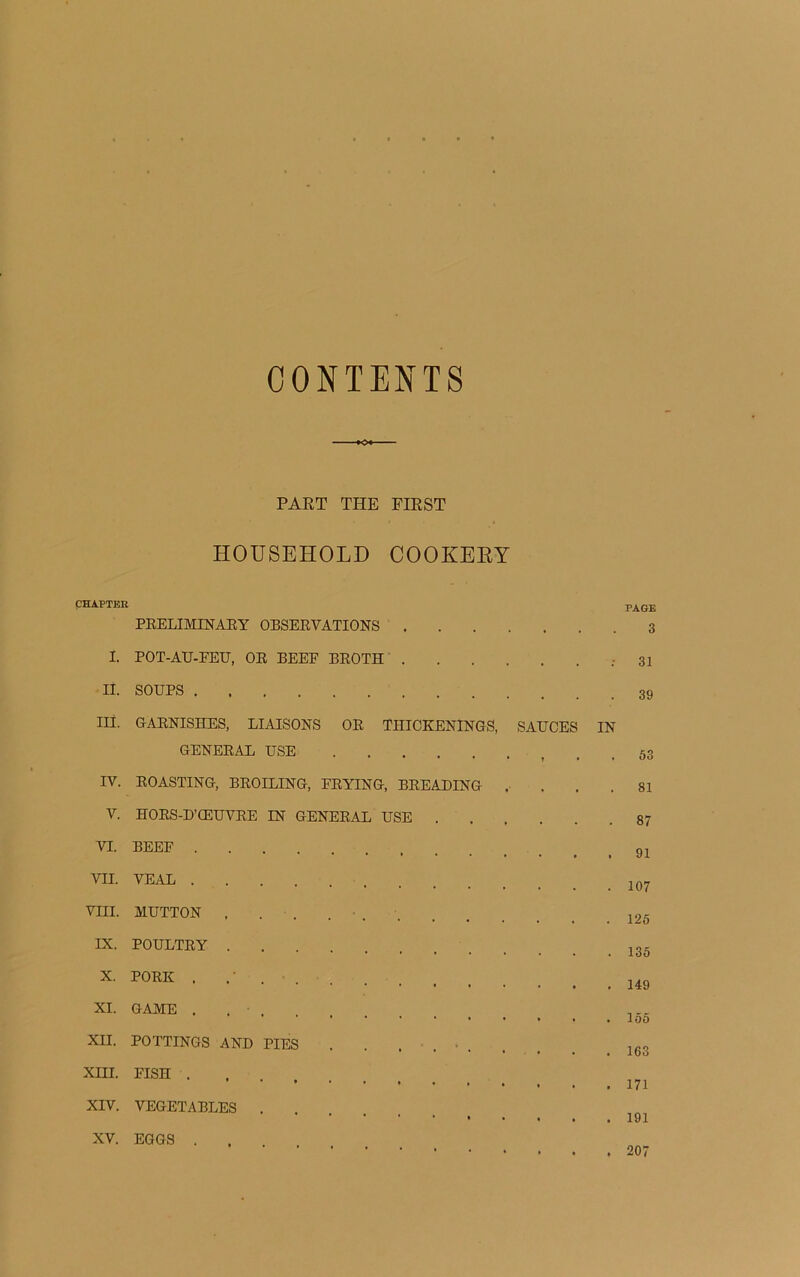 CONTENTS >Cx PART THE FIRST HOUSEHOLD COOKERY ÇHAPTER PAGE PRELIMINARY OBSERVATIONS 3 I. POT-ATJ-EEU, OR BEEF BROTH 31 II. SOUPS III. CrARNISIIES, LIAISONS OR THICKENINGS, SAUCES IN GENERAL USE . . 53 IV. ROASTING, BROILING, ERYING, BREADING .... 81 V. HORS-D’ŒUVRE IN GENERAL USE 87 VI. BEEF VII. VEAL VIII. MUTTON IX. POULTRY 35 X. PORK XI. GAME . ■ loo XII. POTTINGS AND PIES ...... ]63 XIII. FISH . 171 XIV. VEGETABLES . 191 XV. EGGS .