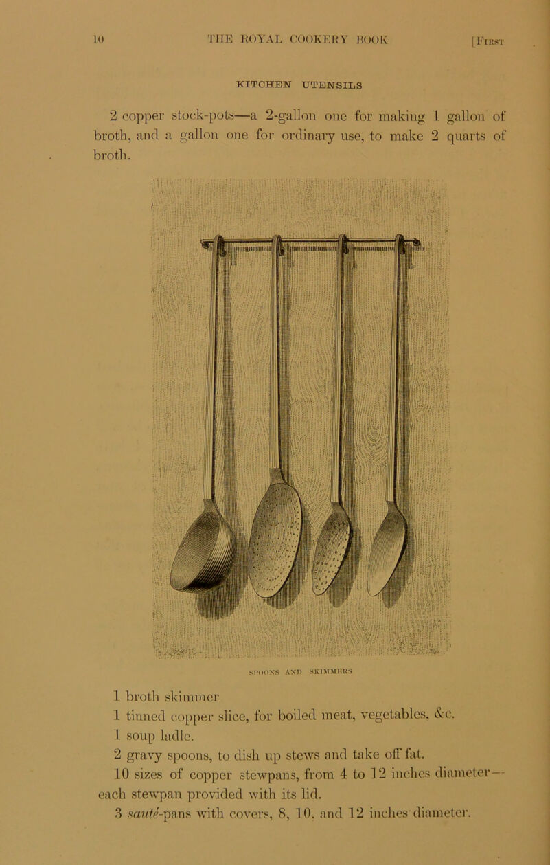 KITCHEN UTENSILS 2 copper stock-pots—a 2-gallon one for making 1 gallon of broth, and a gallon one for ordinary use, to make 2 quarts of broth. SI’OONS AND SK IM MK RS 1 broth skiramer 1 tirmed copper slice, for boiled méat, vegetables, &c. 1 soup ladle. 2 gravy spoons, to dish up stews and take off fat. 10 sizes of copper stewpans, from 4 to 12 inches diaineter— each stewpan provided with its lid. 3 sauté-pans with covers, 8, 10. and 12 inches diaineter.