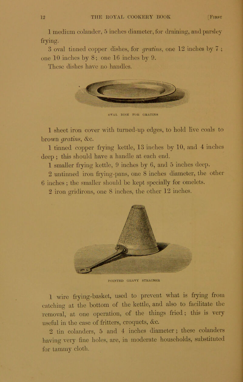 1 medium colander, 5 inches diameter, for draining, and parsley frying. 3 oval tinned copper dishes, for gratins, one 12 inches by 7 ; one 10 inches by 8; one 16 inches by 9. These dishes hâve no handles. OVAL DISK FO K GRATINS 1 sheet iron cover with turned-up edges, to hold live coals to brown gratins, &c. 1 tinned copper frying kettle, 13 inches by 10, and 4 inches deep ; this should hâve a handle at each end. 1 smaller frying kettle, 9 inches by 6, and 5 inches deep. 2 untinned iron frying-pans, one 8 inches diameter, tlie other 6 inches ; the smaller should be kept specially for omelets. 2 iron gridirons, one 8 inches, the other 12 inches. POINTE!) GRAYY STKAINEU 1 wire frying-basket, used to prevent what is frying from catching at the bottom of the kettle, and also to facilitate the removal, at one operation, of the tliings fried ; this is very useful in the case of fritters, croquets, ckc. 2 tin colanders, 5 and 4 inches diameter ; these colanders having very fine holes, are, in moderate households, substituted for tammy cloth.