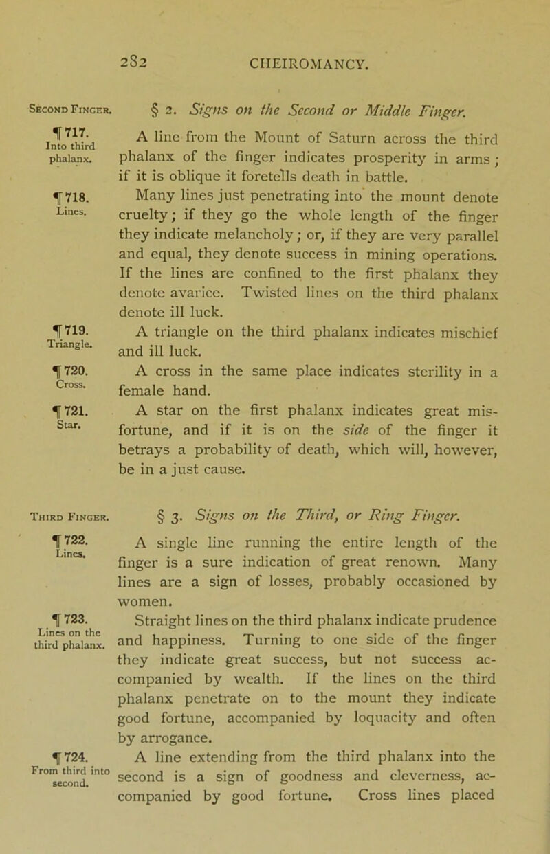 2§2 Second Finger. 1717. Into third phalanx. 1718. Lines. 1719. Triangle. 1720. Cross. 1721. Star. Third Finger. 1722. Lines. 1723. Lines on the third phalanx. 1724. From third into second. § 2. Signs on the Second or Middle Finger. A line from the Mount of Saturn across the third phalanx of the finger indicates prosperity in arms; if it is oblique it foretells death in battle. Many lines just penetrating into the mount denote cruelty; if they go the whole length of the finger they indicate melancholy; or, if they are very parallel and equal, they denote success in mining operations. If the lines are confined to the first phalanx they denote avarice. Twisted lines on the third phalanx denote ill luck. A triangle on the third phalanx indicates mischief and ill luck. A cross in the same place indicates sterility in a female hand. A star on the first phalanx indicates great mis- fortune, and if it is on the side of the finger it betrays a probability of death, which will, however, be in a just cause. § 3- Signs on the Third, or Ring Finger. A single line running the entire length of the finger is a sure indication of great renown. Many lines are a sign of losses, probably occasioned by women. Straight lines on the third phalanx indicate prudence and happiness. Turning to one side of the finger they indicate great success, but not success ac- companied by wealth. If the lines on the third phalanx penetrate on to the mount they indicate good fortune, accompanied by loquacity and often by arrogance. A line extending from the third phalanx into the second is a sign of goodness and cleverness, ac- companied by good fortune. Cross lines placed