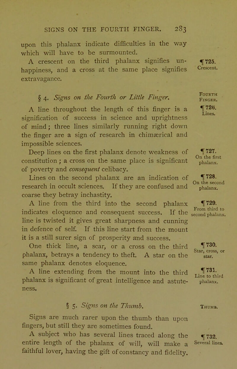 upon this phalanx indicate difficulties in the way which will have to be surmounted. A crescent on the third phalanx signifies un- happiness, and a cross at the same place signifies extravagance. § 4. Signs on the Fourth or Little Finger. A line throughout the length of this finger is a signification of success in science and uprightness of mind; three lines similarly running right down the finger are a sign of research in chimaerical and impossible sciences. Deep lines on the first phalanx denote weakness of constitution; a cross on the same place is significant of poverty and consequent celibacy. Lines on the second phalanx are an indication of research in occult sciences. If they are confused and coarse they betray inchastity. A line from the third into the second phalanx indicates eloquence and consequent success. If the line is twisted it gives great sharpness and cunning in defence of self. If this line start from the mount it is a still surer sign of prosperity and success. One thick line, a scar, or a cross on the third phalanx, betrays a tendency to theft. A star on the same phalanx denotes eloquence. A line extending from the mount into the third phalanx is significant of great intelligence and astute- ness. § 5. Signs on the Thumb. Signs are much rarer upon the thumb than upon fingers, but still they are sometimes found. A subject who has several lines traced along the entire length of the phalanx of will, will make a faithful lover, having the gift of constancy and fidelity. 1725. Crescent. Fourth Finger. 1726. Lines. 1727. On the first phalanx. 1728. On the second phalanx. 1729. From third to second phalanx. 1730. Star, cross, or star. 1731. Line to third phalanx. Thumb. 1732. Several lines.