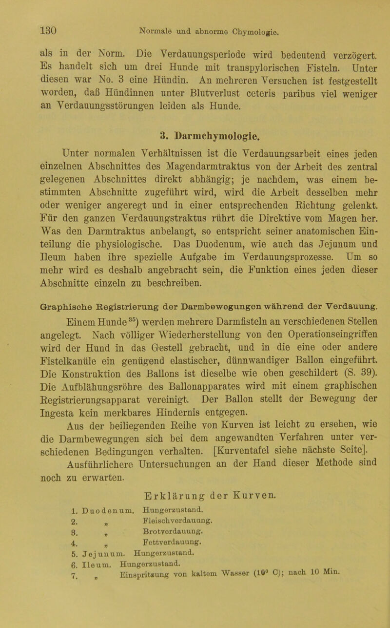 als in der Norm. Die Verdauungsperiode wird bedeutend verzögert. Es handelt sich um drei Hunde mit transpylorischen Fisteln. Unter diesen war No. 3 eine Hündin. An mehreren Versuchen ist festgestellt worden, daß Hündinnen unter Blutverlust ceteris paribus viel weniger an Verdauungsstörungen leiden als Hunde. 3. Darmchymologie. Unter normalen Verhältnissen ist die Verdauungsarbeit eines jeden einzelnen Abschnittes des Magendarmtraktus von der Arbeit des zentral gelegenen Abschnittes direkt abhängig; je nachdem, was einem be- stimmten Abschnitte zugeführt wird, wird die Arbeit desselben mehr oder weniger angeregt und in einer entsprechenden Kichtung gelenkt. Für den ganzen Verdauungstraktus rührt die Direktive vom Magen her. Was den Darmtraktus anbelangt, so entspricht seiner anatomischen Ein- teilung die physiologische. Das Duodenum, wie auch das Jejunum und Heum haben ihre spezielle Aufgabe im Verdauungsprozesse. Um so mehr wird es deshalb angebracht sein, die Funktion eines jeden dieser Abschnitte einzeln zu beschreiben. Graphische Registrierung der Darmbewegungen während der Verdauung. Einem Hunde werden mehrere Darmfisteln an verschiedenen Stellen angelegt. Nach völliger Wiederherstellung von den Operationseingriffen wird der Hund in das Gestell gebracht, und in die eine oder andere Fistelkanüle ein genügend elastischer, dünnwandiger Ballon eingeführt. Die Konstruktion des BaUons ist dieselbe wie oben geschildert (S. 39). Die Aufblähungsröhre des Ballonapparates wird mit einem graphischen Eegistrierungsapparat vereinigt. Der Ballon stellt der Bewegung der Ingesta kein merkbares Hindernis entgegen. Aus der beiliegenden Reihe von Kurven ist leicht zu ersehen, wie die Darmbewegungen sich bei dem angewandten Verfahren unter ver- schiedenen Bedingungen verhalten. [Kurventafel siehe nächste Seite]. Ausführlichere Untersuchungen an der Hand dieser Methode sind noch zu erwarten. Erklärung der Kurven. 1. Duodenum. Hungorzustand. 2. „ Fleischvordauung. 8. „ Brotverdauung. 4. ^ Fottverdauung. 5. Jejunum. Hungorzustand. 6. Ile um. Hungorzustand. ^ Einspritzung von kaltem Wasser (10® C); nach 10 Min.