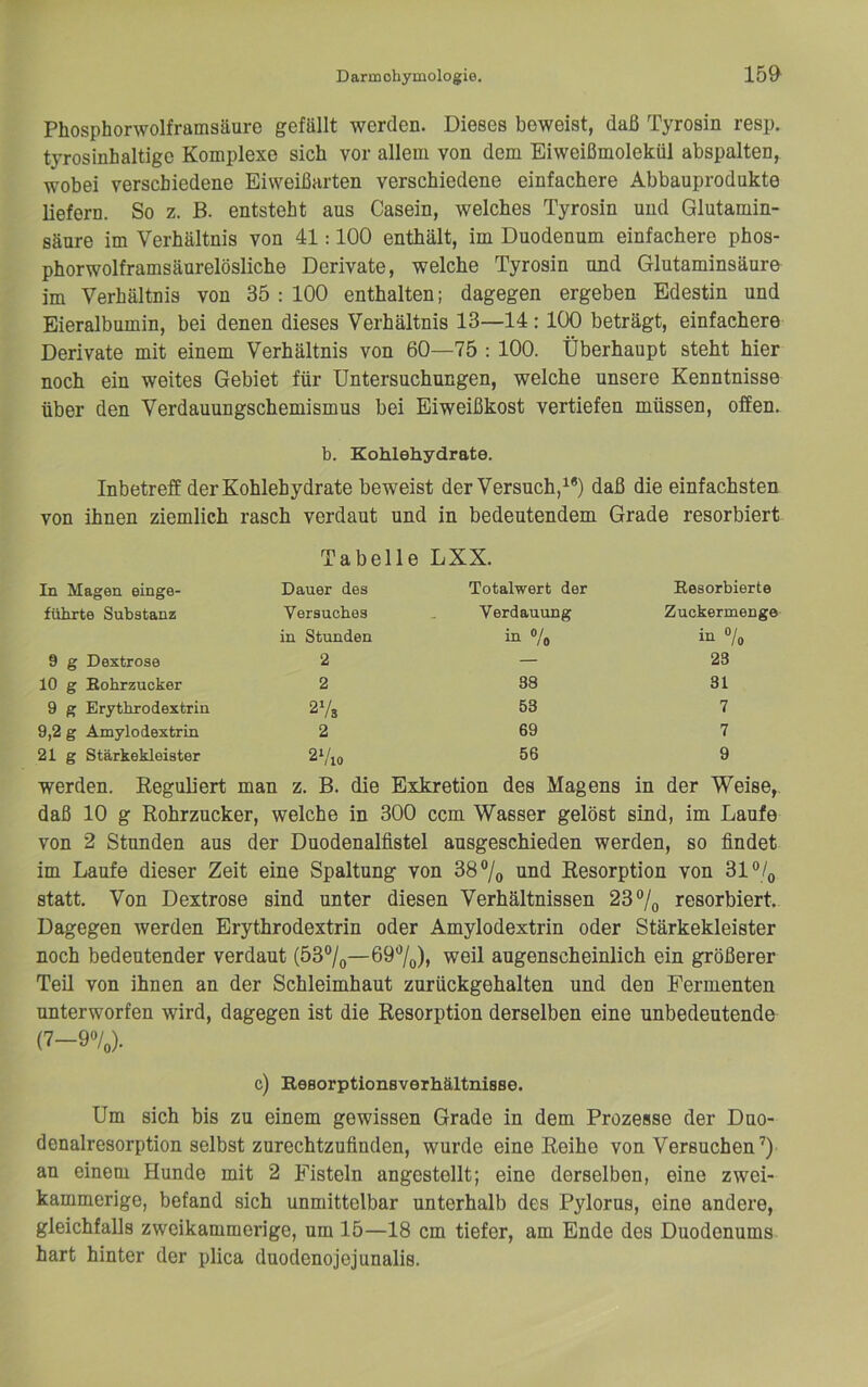 Phosphorwolframsäure gefällt werden. Dieses beweist, daß Tyrosin resp. tyrosinhaltige Komplexe sich vor allem von dem Eiweißmolekül abspalten, wobei verschiedene Eiweißarten verschiedene einfachere Abbauprodukte liefern. So z. B. entsteht aus Casein, welches Tyrosin und Glutamin- säure im Verhältnis von 41:100 enthält, im Duodenum einfachere phos- phorwolframsäurelösliche Derivate, welche Tyrosin und Glutaminsäure im Verhältnis von 35 ; 100 enthalten; dagegen ergeben Edestin und Eieralbumin, bei denen dieses Verhältnis 13—14 : 100 beträgt, einfachere Derivate mit einem Verhältnis von 60—75 : 100. Überhaupt steht hier noch ein weites Gebiet für Untersuchungen, welche unsere Kenntnisse über den Verdauungschemismus bei Eiweißkost vertiefen müssen, offen. b. Kohlehydrate. Inbetreff der Kohlehydrate beweist der Versuch,^*) daß die einfachsten von ihnen ziemlich rasch verdaut und in bedeutendem Grade resorbiert Tabelle LXX. In Magen einge- Dauer des Totalwert der Eesorbierte führte Substanz Versuches Verdauung Zuckermenge in Stunden in ®/o in 7o 9 g Dextrose 2 — 23 10 g Bohrzucker 2 38 81 9 g Erythrodextrin 273 53 7 9,2 g Amylodextrin 2 69 7 21 g Stärkekleister 2»/io 56 9 werden. Reguliert man z. B. die Exkretion des Magens in der Weise, daß 10 g Rohrzucker, welche in 300 ccm Wasser gelöst sind, im Laufe von 2 Stunden aus der Duodenalfistel ausgeschieden werden, so findet im Laufe dieser Zeit eine Spaltung von 38®/o und Resorption von 31 statt. Von Dextrose sind unter diesen Verhältnissen 23°/o resorbiert. Dagegen werden Erythrodextrin oder Amylodextrin oder Stärkekleister noch bedeutender verdaut (53®/o—weil augenscheinlich ein größerer TeU von ihnen an der Schleimhaut zurückgehalten und den Fermenten unterworfen wird, dagegen ist die Resorption derselben eine unbedeutende (7-9%). c) ReBorptionsverhältnisse. Um sich bis zu einem gewissen Grade in dem Prozesse der Duo- denalresorption selbst zurechtzufinden, wurde eine Reihe von Versuchen’) an einem Hunde mit 2 Fisteln angestellt; eine derselben, eine zwei- kammerige, befand sich unmittelbar unterhalb des Pylorus, eine andere, gleichfalls zweikammerige, um 15—18 cm tiefer, am Ende des Duodenums hart hinter der plica duodenojejunalis.