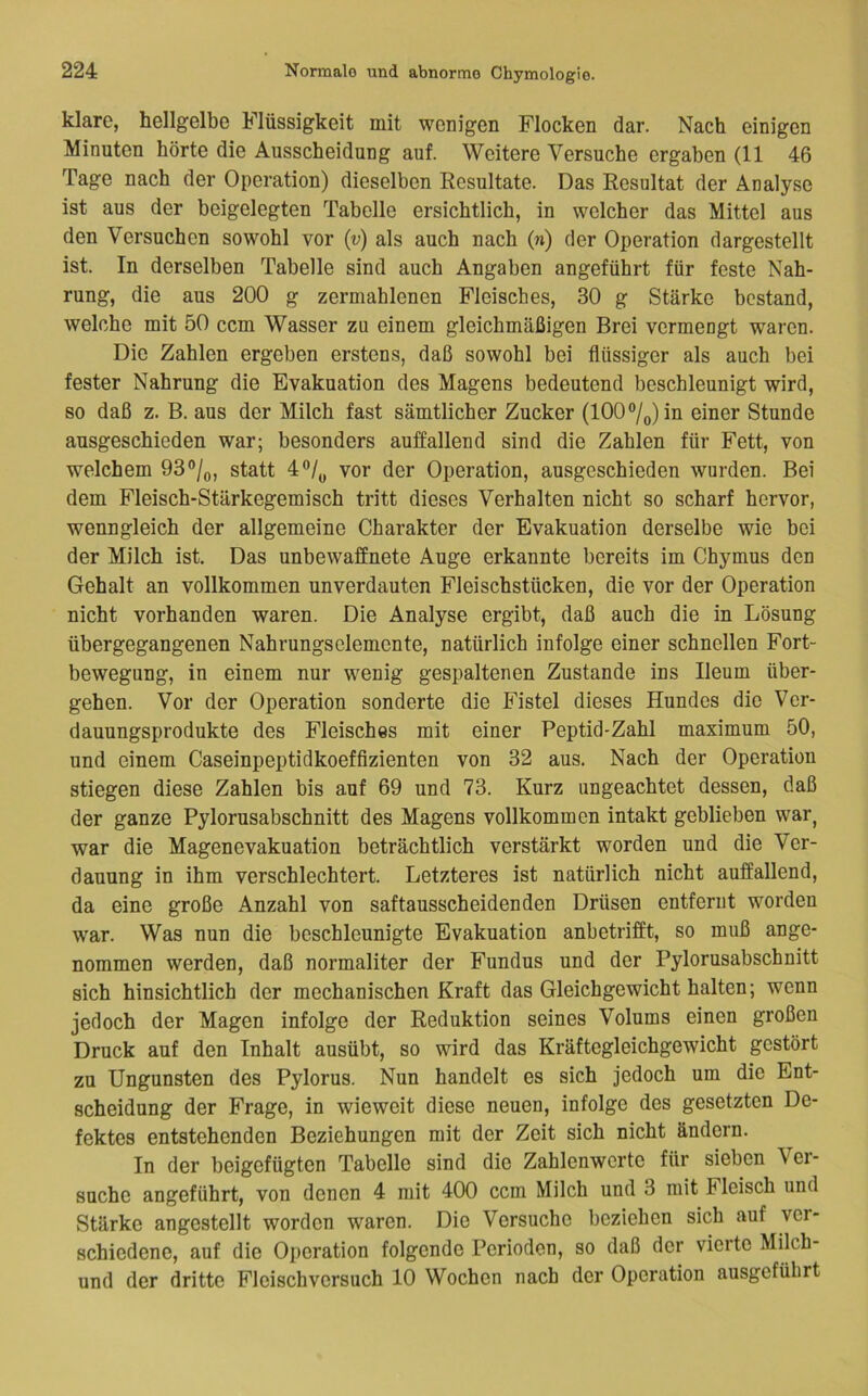 klare, hellgelbe Flüssigkeit mit wenigen Flocken dar. Nach einigen Minuten hörte die Ausscheidung auf. Weitere Versuche ergaben (11 46 Tage nach der Operation) dieselben Resultate. Das Resultat der Analyse ist aus der beigelegteu Tabelle ersichtlich, in welcher das Mittel aus den Versuchen sowohl vor (v) als auch nach (n) der Operation dargestellt ist. In derselben Tabelle sind auch Angaben angeführt für feste Nah- rung, die aus 200 g zermahlenen Fleisches, 30 g Stärke bestand, welche mit 50 ccm Wasser zu einem gleichmäßigen Brei vermengt waren. Die Zahlen ergeben erstens, daß sowohl bei flüssiger als auch bei fester Nahrung die Evakuation des Magens bedeutend beschleunigt wird, so daß z. B. aus der Milch fast sämtlicher Zucker (100®/o)ln einer Stunde ausgeschieden war; besonders auffallend sind die Zahlen für Fett, von welchem 93®/,,, statt 4®/„ vor der Operation, ausgeschieden wurden. Bei dem Fleisch-Stärkegemisch tritt dieses Verhalten nicht so scharf hervor, wenngleich der allgemeine Charakter der Evakuation derselbe wie bei der Milch ist. Das unbewaffnete Auge erkannte bereits im Chymus den Gehalt an vollkommen unverdauten Fleischstücken, die vor der Operation nicht vorhanden waren. Die Analyse ergibt, daß auch die in Lösung übergegangenen Nahrungsclemcnte, natürlich infolge einer schnellen Fort- bewegung, in einem nur wenig gespaltenen Zustande ins Ileum über- gehen. Vor der Operation sonderte die Fistel dieses Hundes die Ver- dauungsprodukte des Fleisches mit einer Peptid-Zahl maximum 50, und einem Caseinpeptidkoeffizienten von 32 aus. Nach der Operation stiegen diese Zahlen bis auf 69 und 73. Kurz ungeachtet dessen, daß der ganze Pylorusabschnitt des Magens vollkommen intakt geblieben war, war die Magenevakuation beträchtlich verstärkt worden und die Ver- dauung in ihm verschlechtert. Letzteres ist natürlich nicht auffallend, da eine große Anzahl von saftausscheidenden Drüsen entfernt worden war. Was nun die beschleunigte Evakuation anbetrifft, so muß ange- nommen werden, daß normaliter der Fundus und der Pylorusabschnitt sich hinsichtlich der mechanischen Kraft das Gleichgewicht halten; wenn jedoch der Magen infolge der Reduktion seines Volums einen großen Druck auf den Inhalt ausübt, so wird das Kräftegleichgewicht gestört zu Ungunsten des Pylorus. Nun handelt es sich jedoch um die Ent- scheidung der Frage, in wieweit diese neuen, infolge des gesetzten De- fektes entstehenden Beziehungen mit der Zeit sich nicht ändern. In der beigefügten Tabelle sind die Zahlenwcrte für sieben Vei- suche angeführt, von denen 4 mit 400 ccm Milch und 3 mit Fleisch und Stärke angestellt worden waren. Die Versuche beziehen sich auf ver- schiedene, auf die Operation folgende Perioden, so daß der vierte Milch- und der dritte Flcischversuch 10 Wochen nach der Operation ausgeführt