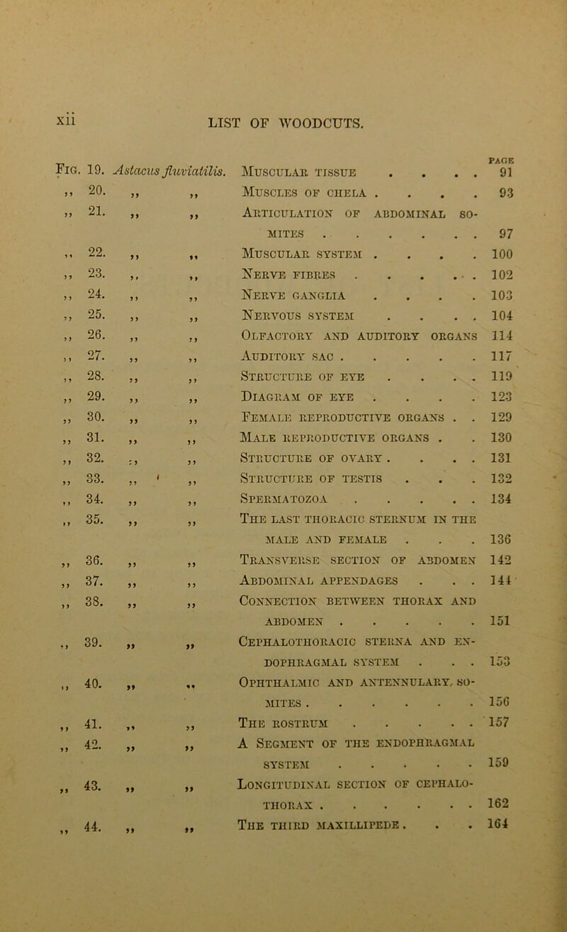 Fig. 19. Antaeus Jluviatilis. Muscular tissue . . . . PAGE 91 9 9 20. tt tt Muscles of chela .... 93 tt 21. tt tt Articulation of abdominal so- mites 97 i» 22. t 9 99 Muscular system .... 100 > J 23. t t 9 9 Xerve fibres . . . 102 > ) 24. t 9 tt Nerve ganglia .... 103 5 9 25. t t tt Nervous system . . . . 104 9 > 26. tt t t Olfactory and auditory organs 114 > J 27. tt 9 9 Auditory sac 117 I 9 28. t t tt Structure of eye . . . . 119 >> 29. tt tt Diagram of eye .... 123 5> 30. tt 11 Female reproductive organs . . 129 5 t 31. t t t 9 Male reproductive organs . 130 ) > 32. : t t 9 Structure of ovary . . . . 131 >5 33. 1 tt t 9 Structure of testis 132 ♦ 9 34. tt t 9 Spermatozoa 134 1 » 35. 11 tt The last thoracic sternum in the male and female 136 5 J 36. tt 99 Transverse section of abdomen 142 9 t 37. tt 9 t Abdominal appendages . . . 144 9 9 38. tt tt Connection between thorax and abdomen 151 9 9 39. tt 99 Cephalothoracic sterna and en- dophragmal system . . . 153 » t 40. 99 99 Ophthalmic and antennulary, so- mites 156 9 t 41. ft tt The rostrum 157 It 42. 99 tt A Segment of the endophragmal system 159 tt 43. 99 99 Longitudinal section of cephalo- thorax 162 99 44. 99 99 The third maxillipede . 164