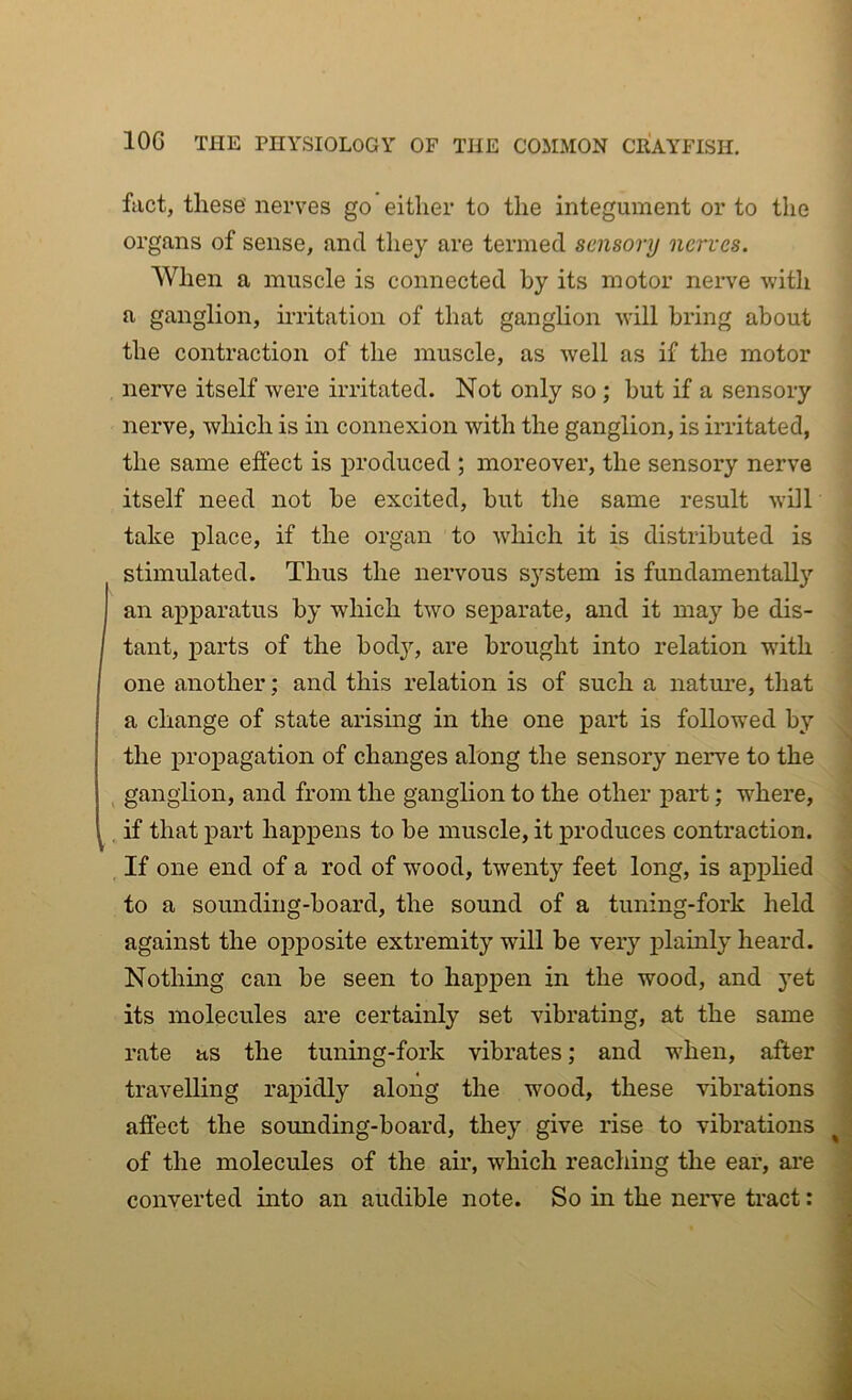 fact, these nerves go either to the integument or to the organs of sense, and they are termed sensory nerves. When a muscle is connected by its motor nerve with a ganglion, irritation of that ganglion will bring about the contraction of the muscle, as Avell as if the motor nerve itself were irritated. Not only so ; but if a sensory nerve, which is in connexion with the ganglion, is irritated, the same effect is produced ; moreover, the sensory nerve itself need not be excited, but the same result will take place, if the organ to which it is distributed is stimulated. Thus the nervous system is fundamentally an apparatus by which two separate, and it may be dis- / tant, parts of the bod}7, are brought into relation with one another: and this relation is of such a nature, that a change of state arising in the one part is followed by the propagation of changes along the sensory nerve to the ganglion, and from the ganglion to the other part; where, if that part happens to be muscle, it produces contraction. If one end of a rod of wood, twenty feet long, is applied to a sounding-board, the sound of a tuning-fork held against the opposite extremity will be very plainly heard. Nothing can be seen to happen in the wood, and yet its molecules are certainly set vibrating, at the same rate as the tuning-fork vibrates; and when, after travelling rapidly along the w7ood, these vibrations affect the sounding-board, they give rise to vibrations of the molecules of the air, w7hich reaching the ear, are converted into an audible note. So in the nerve tract: