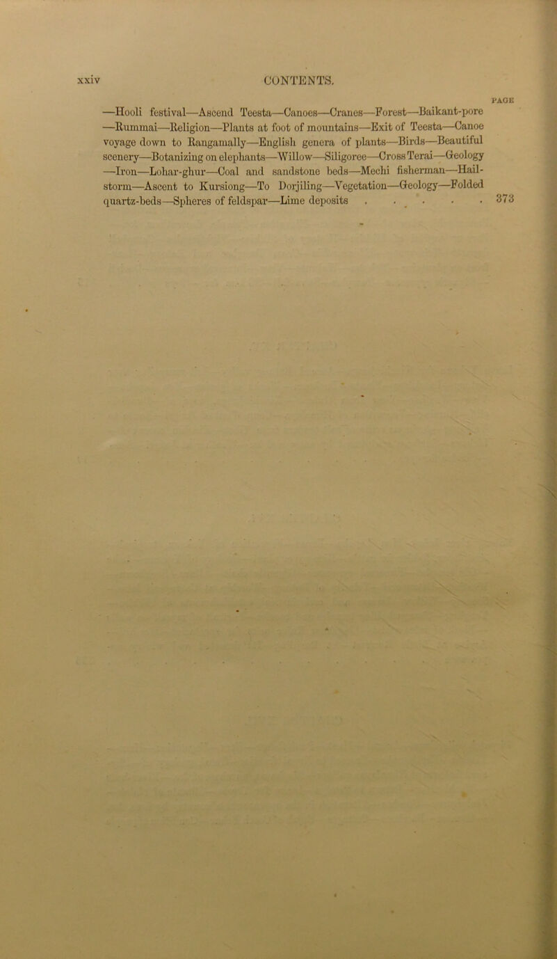 PAGE —Hooli festival—Ascend Teesta—Canoes—Cranes—Forest—Baikant-pore —Rumraai—Religion—Plants at foot of mountains—Exit of Teesta—Canoe voyage down to Rangamally—English genera of jjlants—Birds—Beautiful scenery—Botanizing on elephants—Willow—Siligoree—Cross Terai—Geology —Iron—Lohar-ghur—Coal and sandstone beds—Mechi fishennan—Hail- storm—Ascent to Kursiong—To Dorjiling—Vegetation—Geology—Folded quartz-beds—Spheres of feldspar—Lime deposits . . . • .373