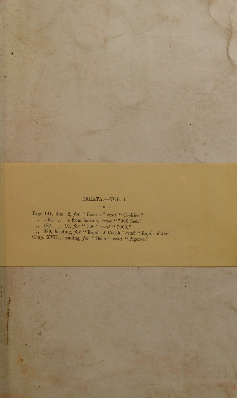 EREATA.—VOL. I. Page 141, line 2, for “ Looties ” read “ Cookies.” ' ,, 165, ,, 4 from bottom, erase “7000 feet.” ,, 187, ,, 10, for “ 700” read “ 7000.” ,, 389, beading, for ‘ ‘ Eajah of Coocb ” o'ead ‘ ‘ Enjab of Jeel. ” Chap. XVII., beading,/or “Bebar’’reaeZ “Pigoree.”