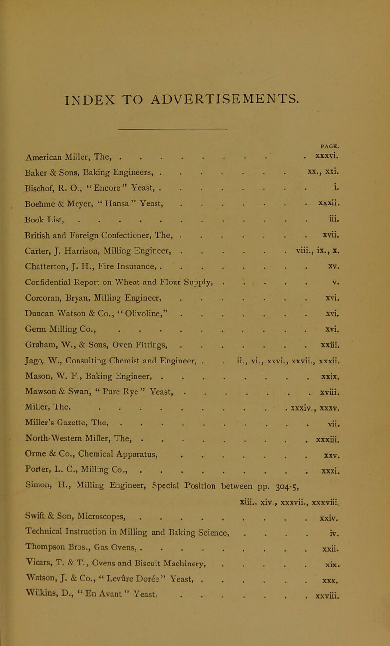 INDEX TO ADVERTISEMENTS. PAGE. American Miller, The, ........ • xxxvi. Baker & Sons, Baking Engineers, xx., xxi. Bischof, R. O., “Encore” Yeast, i. Boehme & Meyer, “Hansa” Yeast, ....... xxxii. Book List, ............ iii. British and Foreign Confectioner, The, xvii. Carter, J. Harrison, Milling Engineer, ...... viii., ix., x. Chatterton, J. H., Eire Insurance, ........ xv. Confidential Report on Wheat and Flour Supply, ..... v. Corcoran, Bryan, Milling Engineer, ....... xvi. Duncan Watson & Co., “ Olivoline,” ....... xvi. Germ Milling Co., .......... xvi. Graham, W., & Sons, Oven Fittings, ....... xxiii. Jago, W., Consulting Chemist and Engineer, . . ii., vi., xxvi., xxvii., xxxii. Mason, W. F., Baking Engineer, ........ xxix. Mawson & Swan, “ Pure Rye ” Yeast, ....... xviii. Miller, The, .......... xxxiv., xxxv. Miller’s Gazette, The, vii. North-Western Miller, The, xxxiii. Orme & Co., Chemical Apparatus, xxv. Porter, L. C., Milling Co., xxxi. Simon, H., Milling Engineer, Special Position between pp. 304-5, xiii., xiv., xxxvii., xxxviii. Swift & Son, Microscopes, xxiv. Technical Instruction in Milling and Baking Science iv. Thompson Bros., Gas Ovens, ......... xxii. Vicars, T. & T., Ovens and Biscuit Machinery, ..... xix» Watson, J. & Co., “ Levfire Doree” Yeast . xxx. Wilkins, D., “ En Avant ” Yeast xxviii.