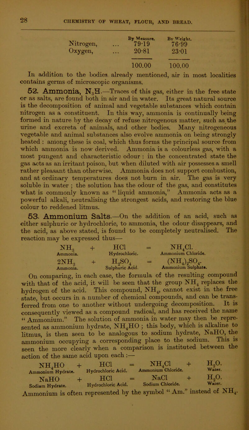 By Measure. Bv Weight. Nitrogen, ... 79-19 76-99 Oxygen, ... 20-81 23-01 100.00 100.00 In addition to the bodies already mentioned, air in most localities contains germs of microscopic organisms. 52. Ammonia, N3H.—Traces of this gas, either in the free state or as salts, are found both in air and in water. Its great natural source is the decomposition of animal and vegetable substances which contain nitrogen as a constituent. In this way, ammonia is continually being formed in nature by the decay of refuse nitrogenous matter, such as the urine and excreta of animals, and other bodies. Many nitrogeneous vegetable and animal substances also evolve ammonia on being strongly heated : among these is coal, which thus forms the principal source from which ammonia is now derived. Ammonia is a colourless gas, with a most pungent and characteristic odour : in the concentrated state the gas acts as an irritant poison, but when diluted with air possesses a smell rather pleasant than otherwise. Ammonia does not support combustion, and at ordinary temperatures does not burn in air. The gas is very soluble in water ; the solution has the odour of the gas, and constitutes what is commonly known as “ liquid ammonia,” Ammonia acts as a powerful alkali, neutralising the strongest acids, and restoring the blue colour to reddened litmus. 53. Ammonium Salts.—On the addition of an acid, such as either sulphuric or hydrochloric, to ammonia, the odour disappears, and the acid, as above stated, is found to be completely neutralised. The reaction may be expressed thus— NH3 + Ammonia. 2NH3 + Ammonia. HC1 Hydrochloric. h2so4 Sulphuric Acid. NH4C1. Ammonium Chloride. (NH4)2SO Ammonium Sulphate. On comparing, in each case, the formula of the resulting compound with that of the acid, it will be seen that the group NH4 replaces the hydrogen of the acid. This compound, NH4, cannot exist in the free state, but occurs in a number of chemical compounds, and can be trans- ferred from one to another without undergoing decomposition. It is consequently viewed as a compound radical, and has received the name “ Ammonium.” The solution of ammonia in water may then be repre- sented as ammonium hydrate, NH4HO ; this body, which is alkaline to litmus, is then seen to be analogous to sodium hydrate, NaHO, the ammonium occupying a corresponding place to the sodium. This is seen the more clearly when a comparison is instituted between the action of the same acid upon each :— NH.HO + HC1 = NH4C1 + H20. Ammonium Hydrate. Hydrochloric Acid. Ammonium Chlonde. Water. NaHO + HC1 = NaCl + H20. Sodium Hydrate. Hydrochloric Acid. Sodium Chloride. Water. Ammonium is often represented by the symbol “ Am. instead of NH4.