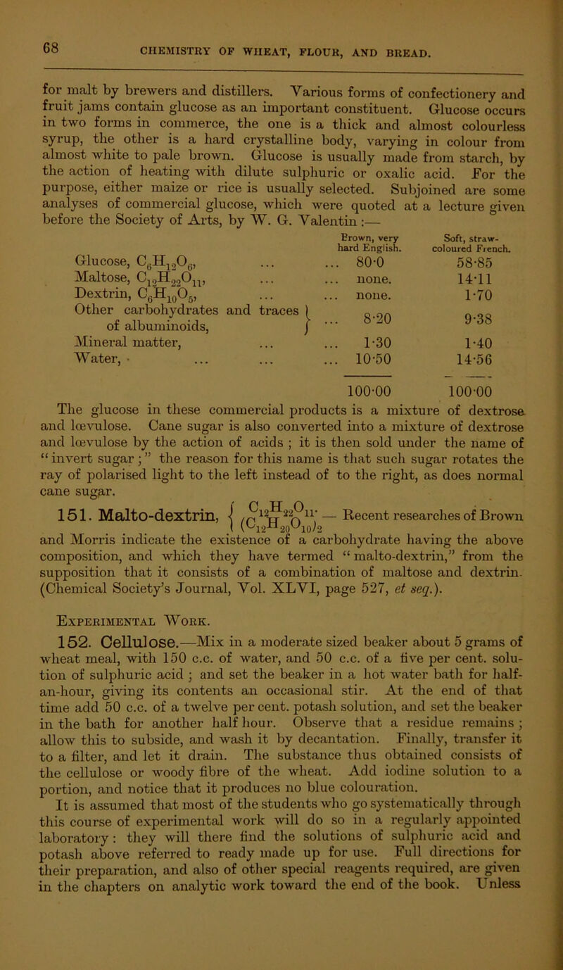 for malt by brewers and distillers. Various forms of confectionery and fruit jams contain glucose as an important constituent. Glucose occurs in two forms in commerce, the one is a thick and almost colourless syrup, the other is a hard crystalline body, varying in colour from almost white to pale brown. Glucose is usually made from starch, by the action of heating with dilute sulphuric or oxalic acid. For the purpose, either maize or rice is usually selected. Subjoined are some analyses of commercial glucose, which were quoted at a lecture given before the Society of Arts, by W. G. Valentin:— Glucose, C,;H1206, Maltose, C12H22Ou, Dextrin, C6H10O6, Other carbohydrates and traces of albuminoids, Mineral matter, Water, • Brown, very hard English. Soft, straw- coloured French. . 80-0 58-85 none. 14-11 none. 1-70 . 8-20 9-38 . 1-30 1-40 . 10-50 14-56 100-00 100-00 The glucose in these commercial products is a mixture of dextrose and loevulose. Cane sugar is also converted into a mixture of dextrose and loevulose by the action of acids ; it is then sold under the name of “ invert sugar; ” the reason for this name is that such sugar rotates the ray of polarised light to the left instead of to the right, as does normal cane sugar. 151. Malto-dextrin in, | /n 12tt 2-r u' — Recent researches of Brown V,J12xl2oU1();2 and Morris indicate the existence of a carbohydrate having the above composition, and which they have termed “ malto-dextrin,” from the supposition that it consists of a combination of maltose and dextrin. (Chemical Society’s Journal, Vol. XLVI, page 527, et seq.). Experimental Work. 152. Cellulose.—Mix in a moderate sized beaker about 5 grams of wheat meal, with 150 c.c. of water, and 50 c.c. of a live per cent, solu- tion of sulphuric acid ; and set the beaker in a hot water bath for lialf- an-hour, giving its contents an occasional stir. At the end of that time add 50 c.c. of a twelve per cent, potash solution, and set the beaker in the bath for another half hour. Observe that a residue remains ; allow this to subside, and wash it by decantation. Finally, transfer it to a filter, and let it drain. The substance thus obtained consists of the cellulose or woody fibre of the wheat. Add iodine solution to a portion, and notice that it produces no blue colouration. It is assumed that most of the students who go systematically through this course of experimental work will do so in a regularly appointed laboratory : they will there find the solutions of sulphuric acid and potash above referred to ready made up for use. Full directions for their preparation, and also of other special reagents required, are given in the chapters on analytic work toward the end of the book. L nless