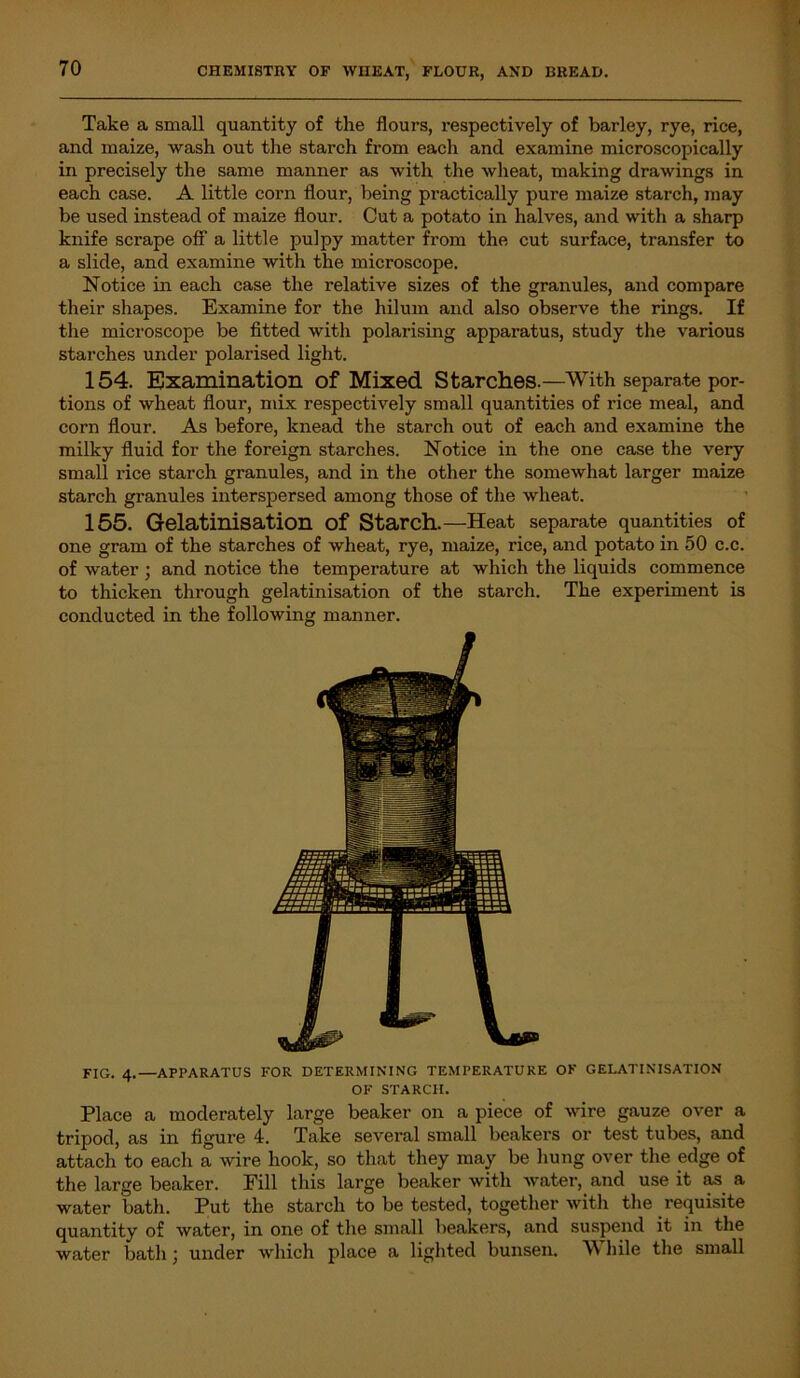 Take a small quantity of the flours, respectively of barley, rye, rice, and maize, wash out the starch from each and examine microscopically in precisely the same manner as with the wheat, making drawings in each case. A little corn flour, being practically pure maize starch, may be used instead of maize flour. Cut a potato in halves, and with a sharp knife scrape off a little pulpy matter from the cut surface, transfer to a slide, and examine with the microscope. Notice in each case the relative sizes of the granules, and compare their shapes. Examine for the hilum and also observe the rings. If the mici'oscope be fitted with polarising apparatus, study the various starches under polarised light. 154. Examination of Mixed Starches.—With separate por- tions of wheat flour, mix respectively small quantities of rice meal, and corn flour. As before, knead the starch out of each and examine the milky fluid for the foreign starches. Notice in the one case the very small rice starch granules, and in the other the somewhat larger maize starch granules interspersed among those of the wheat. 155. Gelatinisation of Starch.—Heat separate quantities of one gram of the starches of wheat, rye, maize, rice, and potato in 50 c.c. of water ; and notice the temperature at which the liquids commence to thicken through gelatinisation of the starch. The experiment is conducted in the following manner. FIG. 4.—APPARATUS FOR DETERMINING TEMPERATURE OF GELATINISATION OF STARCH. Place a moderately large beaker on a piece of wire gauze over a tripod, as in figure 4. Take several small beakers or test tubes, and attach to each a wire hook, so that they may be hung over the edge of the large beaker. Fill this large beaker with water, and use it as a water bath. Put the starch to be tested, together with the requisite quantity of water, in one of the small beakers, and suspend it in the water bath; under which place a lighted bunsen. AV hile the small