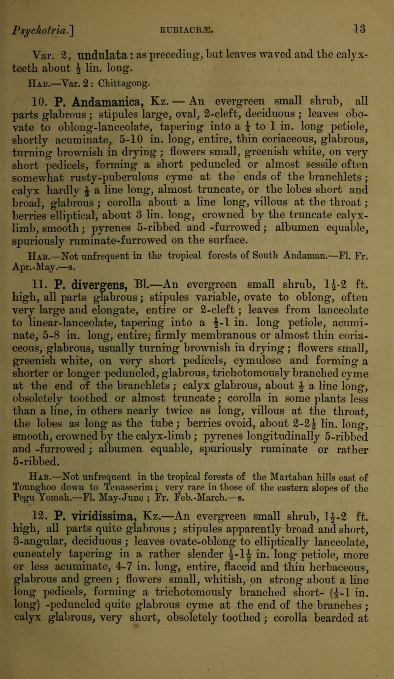 Var. 2, undulata: as preceding, but leaves waved and the calyx- teeth about | lin. long. Hab.—Yar. 2 : Chittagong. 10. P. Andamanica, Kz. — An evergreen small shrub, all parts glabrous; stipules large, oval, 2-cleft, deciduous ; leaves obo- vate to oblong-lanceolate, tapering into a J to 1 in. long petiole, shortly acuminate, 5-10 in. long, entire, thin coriaceous, glabrous, turning brownish in drying; flowers small, greenish white, on very short pedicels, forming a short peduncled or almost sessile often somewhat rusty-puberulous cyme at the ends of the branchlets ; calyx hardly \ a line long, almost truncate, or the lobes short and broad, glabrous; corolla about a line long, villous at the throat; berries elliptical, about 3 lin. long, crowned by the truncate calyx- limb, smooth; pyrenes 5-ribbed and -furrowed; albumen equable, spuriously ruminate-furrowed on the surface. Hab.—Not unfrequent in the tropical forests of South Andaman.—PI. Fr. Apr.-May.—s. 11. P. divergens, Bl.—An evergreen small shrub, 1^-2 ft. high, all parts glabrous; stipules variable, ovate to oblong, often very large and elongate, entire or 2-cleft; leaves from lanceolate to linear-lanceolate, tapering into a |-1 in. long petiole, acumi- nate, 5-8 in. long, entire; firmly membranous or almost thin coria- ceous, glabrous, usually turning brownish in drying; flowers small, greenish white, on very short pedicels, cymulose and forming a shorter or longer peduncled, glabrous, trichotomously branched cyme at the end of the branchlets ; calyx glabrous, about ^ a line long, obsoletely toothed or almost truncate; corolla in some plants less than a line, in others nearly twice as long, villous at the throat, the lobes as long as the tube; berries ovoid, about 2-2^ lin. long, smooth, crowned by the calyx-limb; pyrenes longitudinally 5-ribbed and -furrowed; albumen equable, spuriously ruminate or rather 5-ribbed. Hab.—Not unfrequent in the tropical forests of the Martaban hills east of Tounghoo down to Tenasserim; very rare in those of the eastern slopes of the Pegu Yomah.—FI. May-June ; Fr. Feb.-March.—s. 12. P. viridissima, Kz.—An evergreen small shrub, l|-2 ft. high, all parts quite glabrous ; stipules apparently broad and short, 3-angular, deciduous; leaves ovate-oblong to elliptically lanceolate, cuneately tapering in a rather slender in. long petiole, more or less acuminate, 4-7 in. long, entire, flaccid and thin herbaceous, glabrous and green ; flowers small, whitish,-on strong about a line long pedicels, forming a trichotomously branched short- (J-l in. long) -peduncled quite glabrous cyme at the end of the branches; calyx glabrous, very short, obsoletely toothed; corolla bearded at