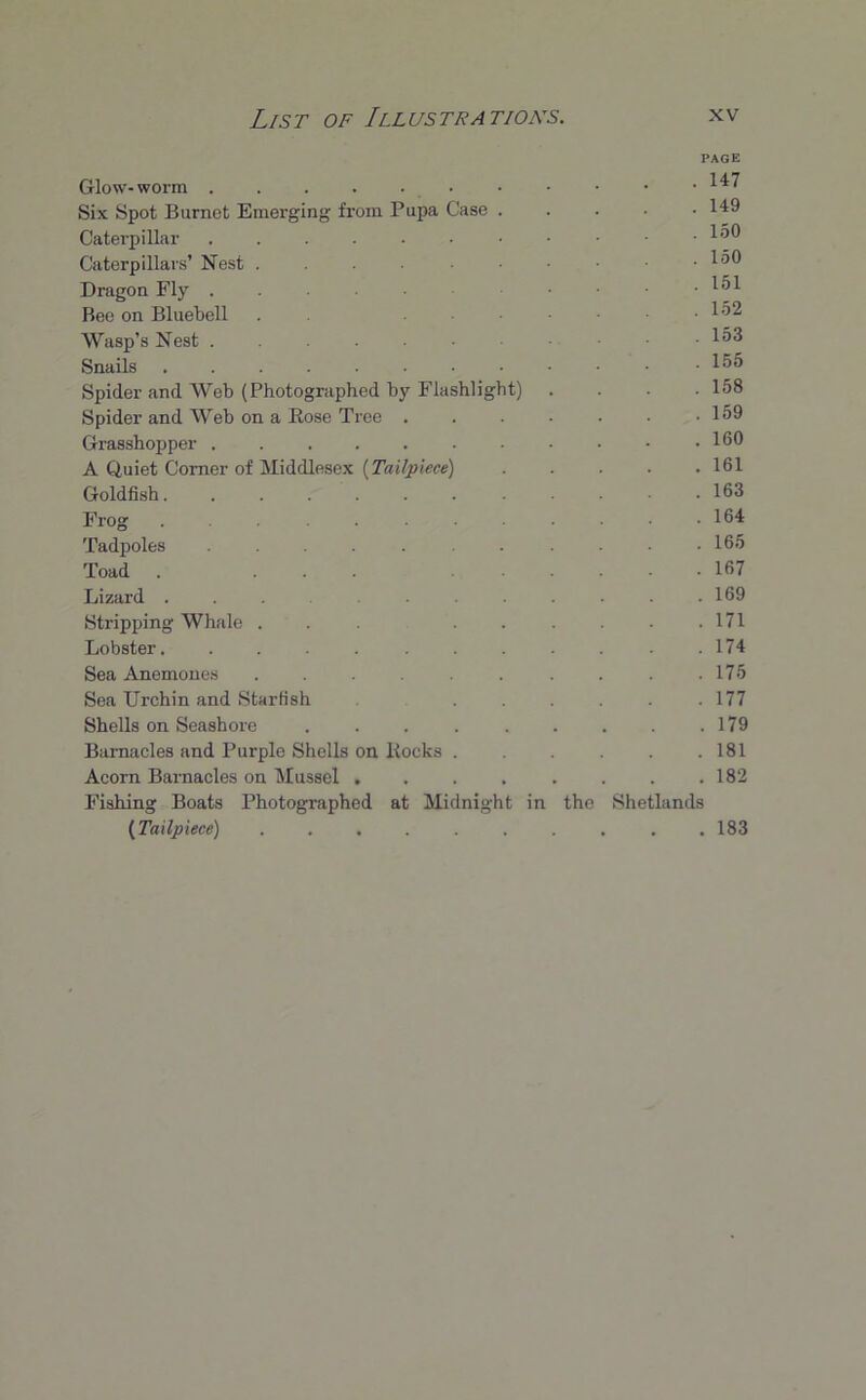 PAGE 147 Six Spot Barnet Emerging from Pupa Case . . 149 Caterpillar 150 Caterpillars’ Nest . 150 Dragon Fly 151 Bee on Bluebell 152 Wasp’s Nest ...... 153 Snails 155 Spider and Web (Photographed by Flashlight) 158 Spider and Web on a Rose Tree .... 159 Grasshopper ........ 160 A Quiet Comer of Middlesex (Tailpiece) . 161 Goldfish......... 163 Frog ......... 164 Tadpoles . . 165 Toad . ... . . . 167 Lizard ........ 169 Stripping Whale ... . . . 171 Lobster 174 Sea Anemones ....... 175 Sea Urchin and Starfish ... 177 Shells on Seashore • • • 179 Barnacles and Purple Shells on Rocks . 181 Acorn Barnacles on Mussel . . • 182 Fishing Boats Photographed at Midnight in the Shetlands (Tailpiece) 183