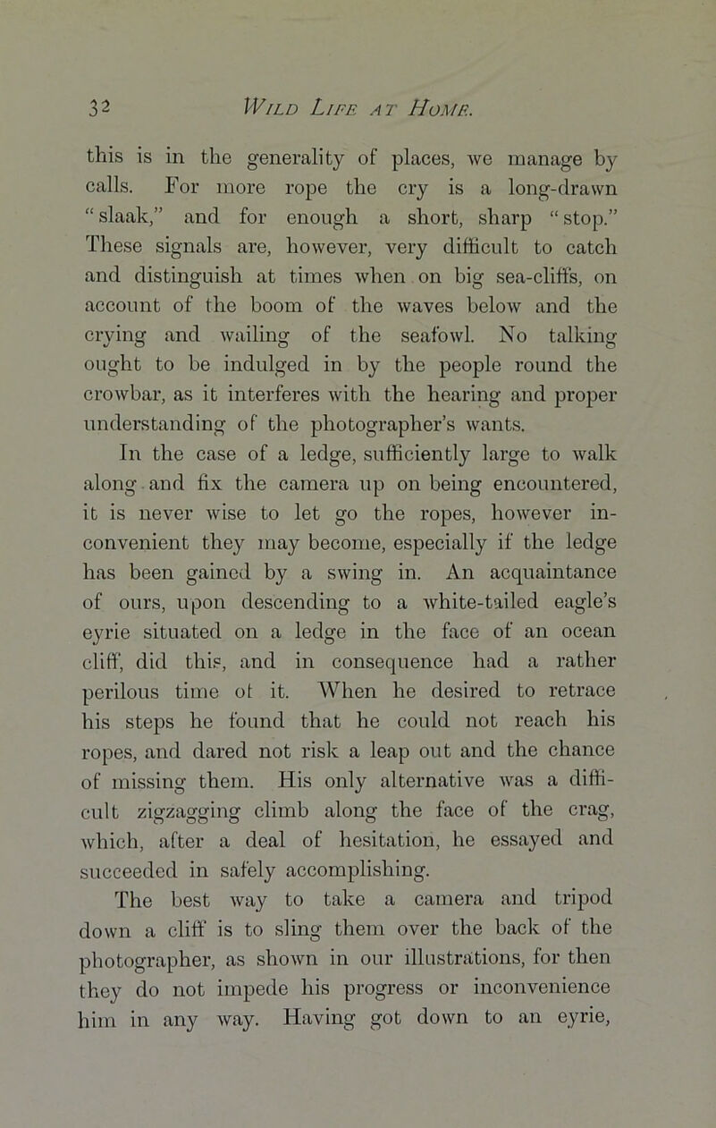this is in the generality of places, we manage by calls. For more rope the cry is a long-drawn “ slaak,” and for enough a short, sharp “ stop.” These signals are, however, very difficult to catch and distinguish at times when on big sea-cliffs, on account of the boom of the waves below and the crying and wailing of the seafowl. No talking ought to be indulged in by the people round the crowbar, as it interferes with the hearing and proper understanding of the photographer’s wants. In the case of a ledge, sufficiently large to walk along and fix the camera up on being encountered, it is never wise to let go the ropes, however in- convenient they may become, especially if the ledge has been gained by a swing in. An acquaintance of ours, upon descending to a white-tailed eagle’s eyrie situated on a ledge in the face of an ocean cliff, did this, and in consequence had a rather perilous time of it. When he desired to retrace his steps he found that he could not reach his ropes, and dared not risk a leap out and the chance of missing them. His only alternative was a diffi- cult zigzagging climb along the face of the crag, which, after a deal of hesitation, he essayed and succeeded in safely accomplishing. The best way to take a camera and tripod down a cliff is to sling them over the back of the photographer, as shown in our illustrations, for then they do not impede his progress or inconvenience him in any way. Having got down to an eyrie,