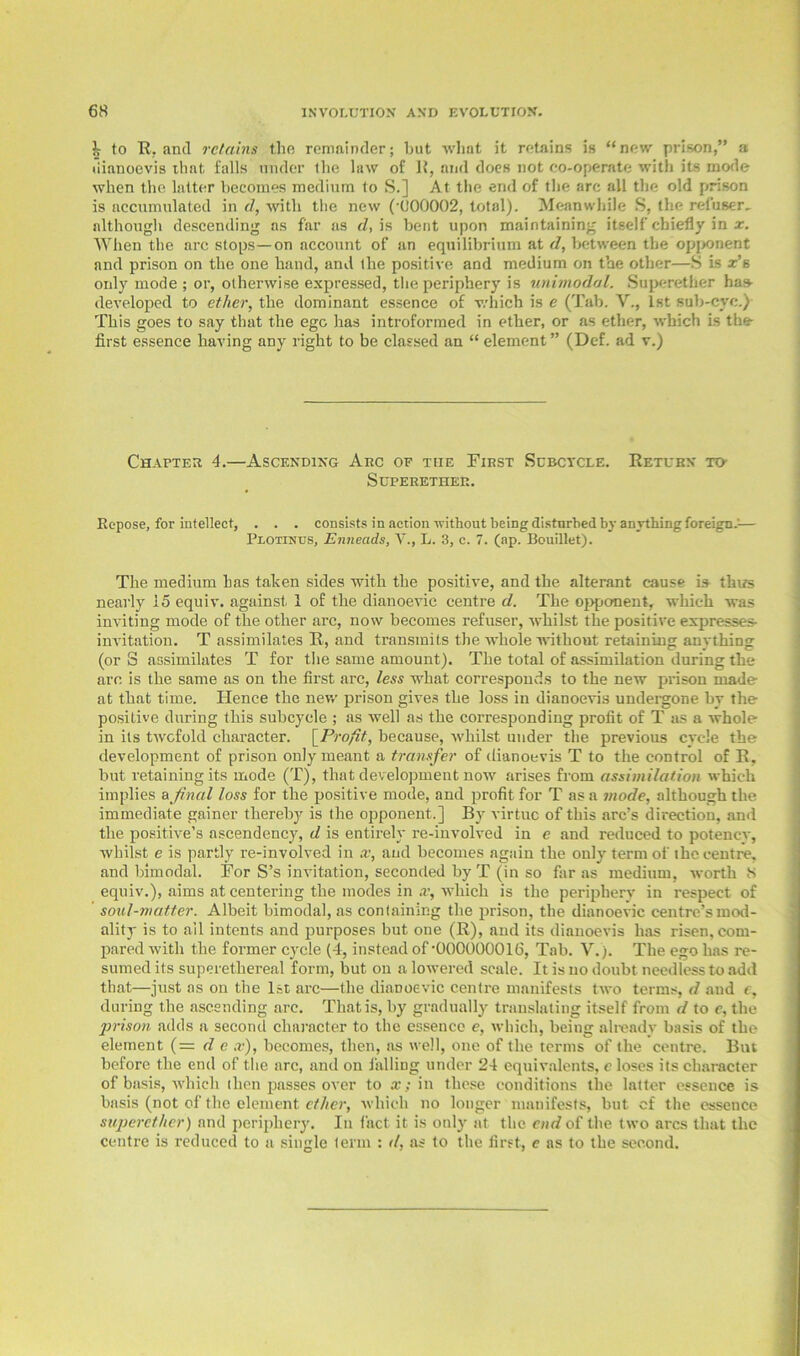 5? to R, and retains the remainder; but what it retains is “new prison,” a uianoevis that falls under the law of R, and does not co-operate with its inode when the latter becomes medium to S.] At the end of the arc all the old prison is accumulated in d, with the new (•(100002, total). Meanwhile S, the refuser, although descending as far as d, is bent upon maintaining itself chiefly in a;. When the arc stops—on account of an equilibrium at d, between the opponent and prison on the one hand, and the positive and medium on the other—S is x's only mode ; or, otherwise expressed, the periphery is unimodal. Superether has- developed to ether, the dominant essence of which is e (Tab. V., 1st sub-eye.) This goes to say that the egc has introformed in ether, or as ether, which is the- first essence having any right to be classed an “ element ” (Def. ad v.) Chapter 4.—Ascending Arc of the First Subcycle. Return to Superether. Eepose, for intellect, . . . consists in action without being disturbed by anything foreign.1— Plotinus, Enneads, V., L. 3, c. 7. (ap. Bouillet). The medium has taken sides with the positive, and the alterant cause is thus nearly 15 equiv. against 1 of the dianoevic centre d. The opponent, which was inviting mode of the other arc, now becomes refuser, whilst the positive expresses- invitation. T assimilates R, and transmits the whole without retaining anything (or S assimilates T for the same amount). The total of assimilation during the arc is the same as on the first arc, less what corresponds to the new prison made at that time. Hence the new prison gives the loss in dianoevis undergone by the positive during this subcycle ; as well as the corresponding profit of T as a whole in its twofold character. [Profit, because, whilst under the previous cycle the development of prison only meant a transfer of dianoevis T to the control of R, but retaining its mode (T), that development now arises from assimilation which implies a final loss for the positive mode, and profit for T as a mode, although the immediate gainer therebjr is the opponent.] By virtue of this arc’s direction, and the positive’s ascendency, d is entirely re-involved in e and reduced to potenev, whilst c is partly re-involved in x, and becomes again the only term of the centre, and bimodal. For S’s invitation, seconded by T (in so far as medium, worth S equiv.), aims at centering the modes in x, which is the periphery in respect of soul-matter. Albeit bimodal, as containing the prison, the dianoevic centre’s mod- ality is to ail intents and purposes but one (R), and its dianoevis has risen, com- pared with the former cycle (4, instead of'000000016, Tab. V.). The ego has re- sumed its superethereal form, but on a lowered scale. It is no doubt needless to add that—just as on the 1st arc—the dianoevic centre manifests two terms, d and c, during the ascending arc. That is, by gradually translating itself from d to c, the jn-ison adds a second character to the essence e, which, being already basis of the element (= d e x), becomes, then, as well, one of the terms of the centre. But before the end of the arc, and on falling under 24 equivalents, e loses its character of basis, which then passes over to x; in these conditions the latter essence is basis (not of the element ether, which no longer manifests, but cf the essence superether) and periphery. In fact it is only at the end of the two arcs that the centre is reduced to a siimle term : </, as to the first, e as to the second.