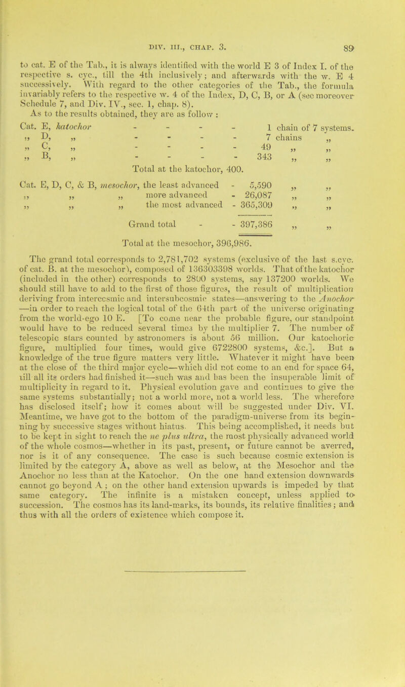 to cat. E of the Tab., it is always identified with the world E 3 of Index I. of the respective s. eye., till the 4th inclusively; and afterwards with the w. E 4 successively. With regard to the other categories of the Tab., the formula invariably refers to the respective w. 4 of the Index, D, C, B, or A (sec moreover Schedule 7, and Div. IV., sec. 1, chap. 8). As to the results obtained, they are as follow : Cat. E, katochor D, „ ^5 55 B, 1 chain of 7 systems. 7 chains ,, 49 343 Total at the katochor, 400. Cat. E, D, C, & B, mesochor, the least advanced - 5,590 ., „ „ more advanced - 26,087 „ „ „ the most advanced - 365,309 Grand total - - 397,386 Total at the mesochor, 396,986. The grand total corresponds to 2,781,702 systems (exclusive of the last s.cyc-. of cat. B. at the mesochor), composed of 136303398 worlds. That of the katochor (included in the other) corresponds to 2800 systems, say 137200 worlds. We should still have to add to the first of those figures, the result of multiplication deriving from interccsmic and intersubcosmic states—answering to the Anochor —in order to reach the logical total of the 64th part of the universe originating from the world-ego 10 E. [To come near the probable figure, our standpoint would have to be reduced several time3 by the multiplier 7. The number of telescopic stars counted by astronomers is about 56 million. Our katochorie figure, multiplied four times, would give 6722800 systems, &c.]. But a knowledge of the true figure matters very little. Whatever it might have been at the close of the third major cycle—which did not come to an end for space 64, till all its orders had finished it—such was and has been the insuperable limit of multiplicity in regard to it. Physical evolution gave and continues to give the same systems substantially; not a world more, not a world less. The wherefore has disclosed itself; how it comes about will be suggested under Div. VI. Meantime, we have got to the bottom of the paradigm-universe from its begin- ning by successive stages without hiatus. This being accomplished, it needs but to be kept in sight to reach the ne plus ultra, the most physically advanced world of the whole cosmos—whether in its past, present, or future cannot be averred, nor is it of any consequence. The case is such because cosmic extension is limited by the category A, above as well as below, at the Mesochor and the Anochor no less than at the Katochor. On the one hand extension downwards cannot go beyond A ; on the other hand extension upwards is impeded by that same category. The infinite is a mistaken concept, unless applied to- succession. The cosmos has its land-marks, its bounds, its relative finalities; and thus with all the orders of existence which compose it.