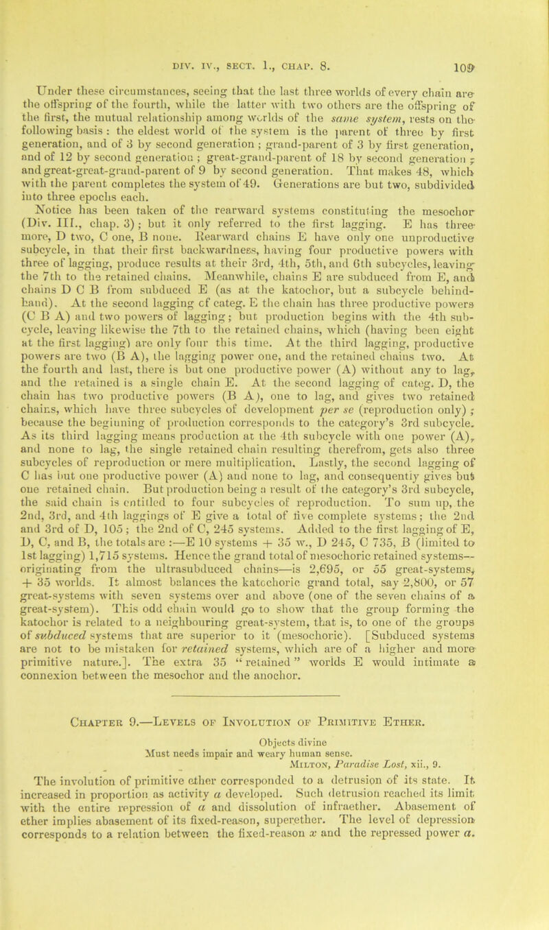 Under these circumstances, seeing that the last three worlds of every chain are the offspring of the fourth, while the latter with two others are the offspring of the first, the mutual relationship among worlds of the same system, rests on the- following basis : the eldest world of the system is the parent of three by first generation, and of 3 by second generation ; grand-parent of 3 by first generation, and of 12 by second generation ; great-grand-parent of 18 by second generation ; and great-great-grand-parent of 9 by second generation. That makes 48, which with the parent completes the system of 49. Generations are but two, subdivided iuto three epochs each. Notice has been taken of the rearward systems constituting the mesochor (Uiv. III., chap. 3); but it only referred to the first lagging. E has three- more, D two, C one, B none. Rearward chains E have only one unproductive subcycle, in that their first backwardness, having four productive powers with three of lagging, produce results at their 3rd, 4tli, 5th, and 6th subcycles, leaving- the 7th to the retained chains. Meanwhile, chains E are subduced from E, and chains DCB from subduced E (as at the katochor, but a subcycle behind- hand). At the second lagging cf categ. E the chain has three productive powers (C B A) and two powers of lagging; but production begins with the 4th sub- cycle, leaving likewise the 7th to the retained chains, which (having been eight at the first lagging) are only four this time. At the third lagging, productive powers are two (B A), the lagging power one, and the retained chains two. At the fourth and last, there is but one productive power (A) without any to lag,, and the retained is a single chain E. At the second lagging of categ. D, the chain has two productive powers (B A), one to lag, and gives two retained chains, which have three subcycles of development per se (reproduction only) ■ because the begiuning of production corresponds to the category’s 3rd subcycle. As its third lagging means production at the 4th subcycle with one power (A), and none to lag, the single retained chain resulting therefrom, gels also three subcycles of reproduction or mere multiplication. Lastly, the second lagging of C has but one productive power (A) and none to lag, and consequently gives but one retained chain. But production being a result of the category’s 3rd subcycle, the said chain is entitled to four subcycles of reproduction. To sum up, the 2nd, 3rd, and 4th laggings of E give a total of rive complete systems; the 2nd and 3rd of D, 105; the 2nd of C, 245 systems. Added to the first lagging of E, D, C, and B, the totals are :—E 10 systems + 35 w., D 245, C 735, B (limited to 1st lagging) 1,715 systems. Hence the grand total of mesoehoric retained systems— originating from the ultrasubduced chains—is 2,695, or 55 great-systems^ + 35 worlds. It almost balances the katcchoric grand total, say 2,800, or 57 great-systems with seven systems over and above (one of the seven chains of a great-system). This odd chain would go to show that the group forming the katochor is related to a neighbouring great-system, that is, to one of the groups of subduced systems that are superior to it (mesoehoric). [Subduced systems are not to be mistaken for retained systems, which are of a higher and more primitive nature.]. The extra 35 “ retained ” worlds E would intimate a connexion between the mesochor aud the anochor. Chapter 9.—Levels of Involution of Primitive Ether. Objects divine Must needs impair and weary human sense. Milton, Paradise Lost, xii., 9. The involution of primitive ether corresponded to a detrusipn of its state. It increased in proportion as activity a developed. Such detrusion reached its limit with the entire repression of a and dissolution of infraether. Abasement of ether implies abasement of its fixed-reason, superethcr. The level of depression