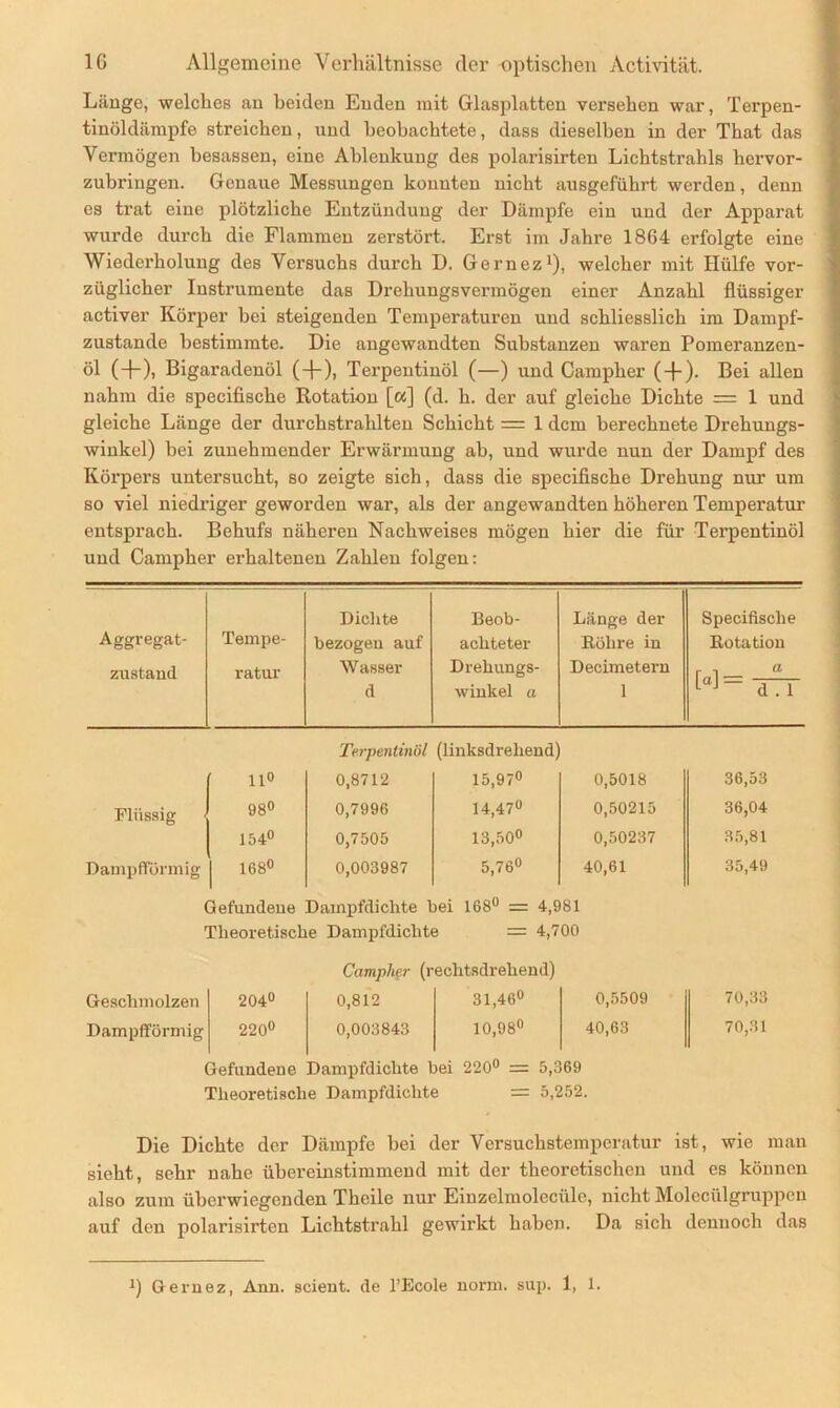 Länge, welches an beiden Enden mit Glasplatten versehen war, Terpen- tinöldämpfe streichen, und beobachtete, dass dieselben in der That das Vermögen besassen, eine Ablenkung des polarisirten Lichtstrahls hervor- zubringen. Genaue Messungen konnten nicht ausgeführt werden, denn es trat eine plötzliche Entzündung der Dämpfe ein und der Apparat wurde durch die Flammen zerstört. Erst im Jahre 1864 erfolgte eine Wiederholung des Versuchs durch D. Gernez1), welcher mit Hülfe vor- züglicher Instrumente das Drehungsvermögen einer Anzahl flüssiger activer Körper bei steigenden Temperaturen und schliesslich im Dampf- zustände bestimmte. Die angewandten Substanzen waren Pomeranzen- öl (-{-), Bigaradenöl (4-), Terpentinöl (—) und Campher ( + ). Bei allen nahm die specifische Rotation [«] (d. h. der auf gleiche Dichte — 1 und gleiche Länge der durchstrahlten Schicht = 1 dem berechnete Drehungs- winkel) bei zunehmender Erwärmung ab, und wurde nun der Dampf des Körpers untersucht, so zeigte sich, dass die specifische Drehung nur um so viel niedriger geworden war, als der angewandten höheren Temperatur entsprach. Behufs näheren Nachweises mögen hier die für Terpentinöl und Campher erhaltenen Zahlen folgen: Aggregat- zustand Tempe- ratur Dichte bezogen auf Wasser d Beob- achteter Drehungs- winkel a Länge der Röhre in Decimetern 1 Specifische Rotation H= d!i Terpentinöl (linksdrehend) 11° 0,8712 15,97° 0,5018 36,53 Flüssig 98° 0,7996 14,47° 0,50215 36,04 154° 0,7505 13,50° 0,50237 35,81 Dampfförmig | 168° 0,003987 5,76° 40,61 35,49 Gefundene Dampfdichte hei 168° = 4,981 Theoretische Dampfdichte = 4,700 Campher (rechtsdrehend) Geschmolzen 204° 0,812 31,46° 0,5509 Dampfförmig 220° 0,003843 10,98° 40,63 70,33 70,31 Gefundene Dampfdichte bei 220° = 5,369 Theoretische Dampfdichte = 5,252. Die Dichte der Dämpfe bei der Versuchstemperatur ist, wie man sieht, sehr nahe übereinstimmend mit der theoretischen und es können also zum überwiegenden Thcile nur Einzelmolecülc, nicht Molecülgruppen auf den polarisirten Lichtstrahl gewirkt haben. Da sich dennoch das *) Gernez, Aun. scient. de l’Ecole norm. sup. 1, 1.