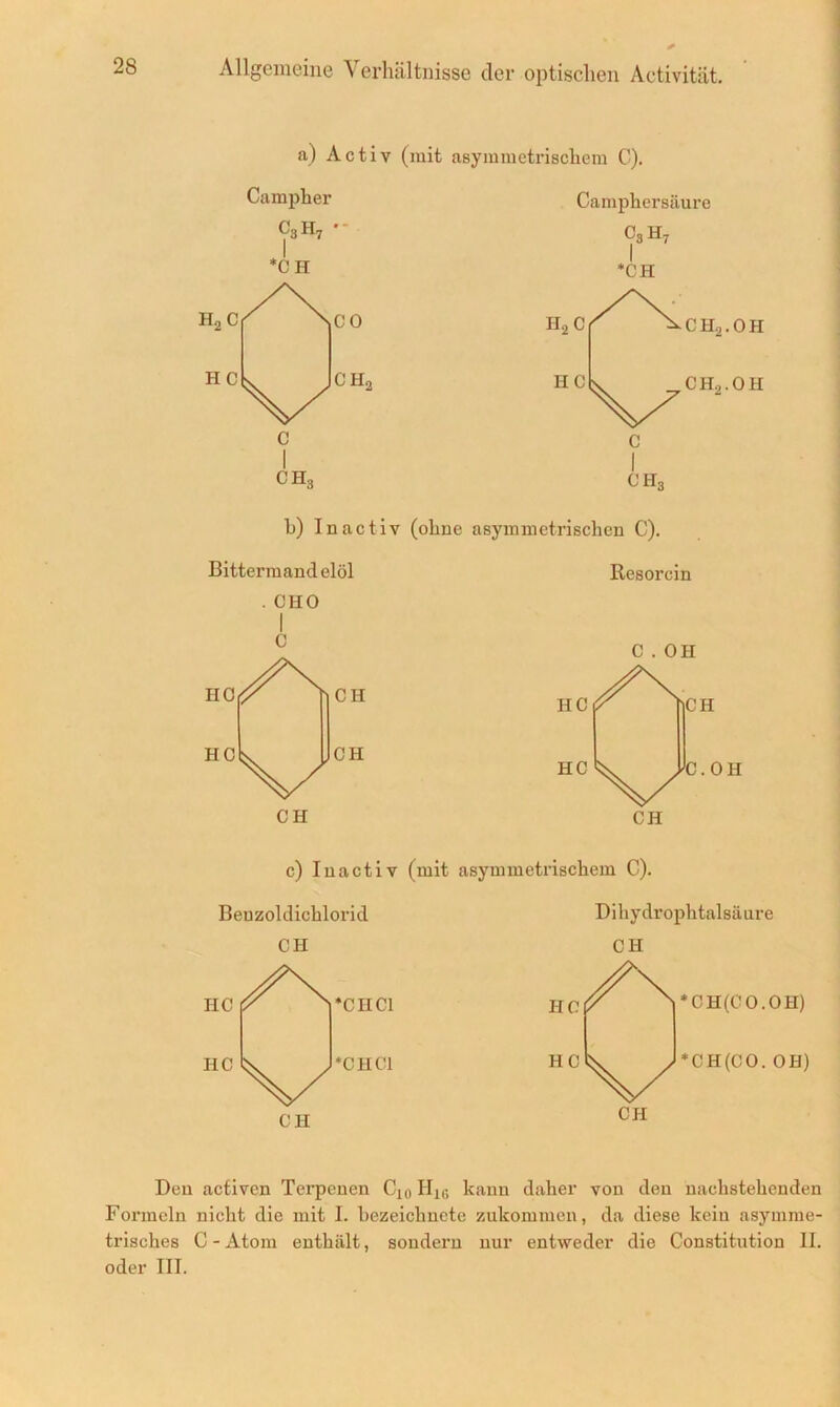 ft) Activ (mit asymmetrischem C). Campher Camphersäure c3h7 •- C3H7 *C H 1 *CH HaCj/^^XcO H2 C C Ho. 0 H hc^^Jch2 HCl^^^^CHa.OH C C I ch3 ch3 b) Inactiv (ohne asymmetrischen C). Bittermandelöl Resorcin . CHO I C CH CH C . OH c) Inactiv (mit asymmetrischem C). Beuzohlichlorid CH *C II CI *CHC1 Dihydrophtalsäure CH *CH(CO.OH) *CH(CO. OH) Den activen Terpenen Ci0 H1G kann daher von den nachstehenden Formeln nicht die mit I. bezeichnete zukommen, da diese kein asymme- trisches C-Atom enthält, sondern nur entweder die Constitution II. oder III.