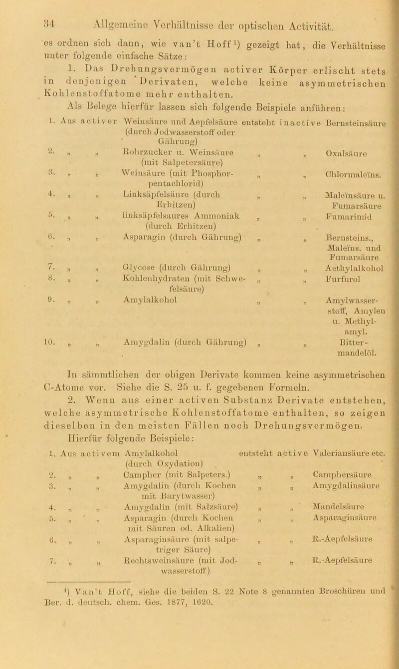 es ordnen sich dann, wie van’t Hoff1) gezeigt hat, die Verhältnisse unter folgende einfache Sätze: 1. Das Drehungsvermögen activer Körper erlischt stets in denjenigen Derivaten, welche keine asymmetrischen Kohlenstoffatome mehr enthalten. Als Belege hierfür lassen sich folgende Beispiele anführen: 1. Aus activer Weinsäure und Aepfelsäure entsteht (durch Jodwasserstoff oder Gälirung) i nacti ve Bernsteinsäure 2. n 71 Rohrzucker u. Weinsäure (mit Salpetersäure) 71 17 Oxalsäure 3. 71 D Weinsäure (mit Phosphor- pentaclüorid) n 17 Chlormaleins. 4. n  Linksäpfelsäure (durch Erhitzen) 17 17 Maleinsäure u. Fumarsäure 5. n n linksäpfelsaures Ammoniak (durch Erhitzen) 71 17 Fumarinnd 6. n n Asparagin (durch Gährung) 17 n Bernsteins., Maleins. und Fumarsäure 7. n n Glycose (durch Gährung) 71 n Aetliylalkohol 8. n n Kohlenhydraten (mit Schwe- felsäure) 71 n Furfurol 9. n n Amylalkohol 71 n Amylwasser- stoff, Amylen u. Mcthyl- amyl. 10. n 7) Amygdalin (durch Gährung) 11 n Bitter- mandelöl. In sännntlichen der obigen Derivate kommen keine asymmetrischen G-Atome vor. Siehe die S. 25 u. f. gegebenen Formeln. 2. Wenn aus einer activcn Substanz Derivate entstehen, welche asymmetrische Kohlenstoffatome enthalten, so zeigen dieselben in den meisten Fällen noch Drehungsvermögen. Hierfür folgende Beispiele: l. Aus activem Amylalkohol (durch Oxydation) entsteht a ct i v e Valeriansäure etc. o i) n Campher (mit Salpeters.) n „ Camphersäure d. n n Amygdalin (durch Kochen mit Barytwasser) 71 „ Amygdalinsäure 4. „ Amygdalin (mit Salzsäure) 17 „ Mandelsäure 6- n ' » Asparagin (durch Kochen mit Säuren od. Alkalien) 77 „ Asparaginsäure 6- » n Asparaginsäure (mit salpe- triger Säure) 77 „ R.-Aepfelsäure 7 • i) i. Rechtsweinsäure (mit Jod- wasserstoff) 17 ,, R.-Aepfelsäure 4) Van’t Hoff, siehe die beiden S. 22 Note 8 genannten Broschüren und Ber. d. deutsch, ehern. Ges. 1877, 1620.