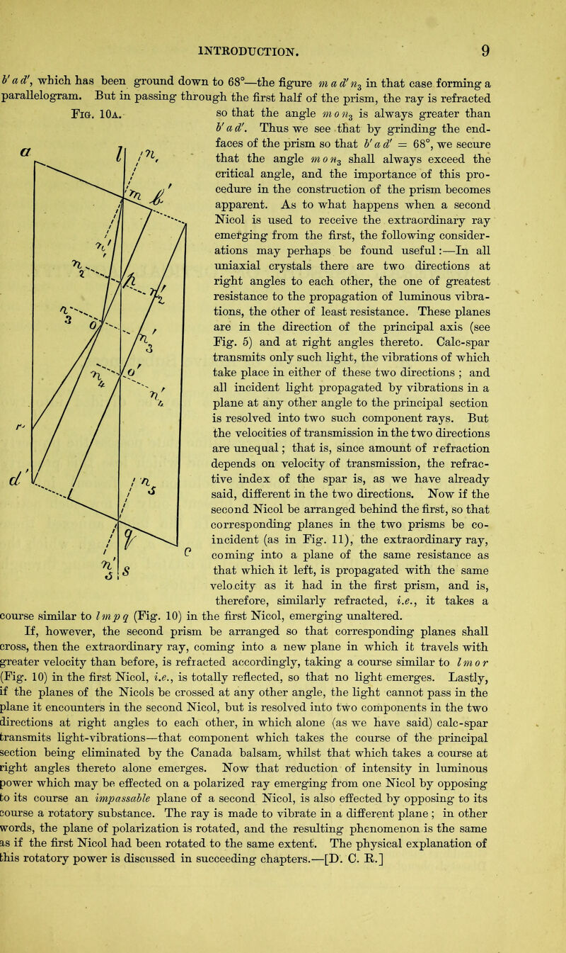 b'ad', which has been ground down to 68°—the figure m a d' n3 in that case forming a parallelogram. But in passing through the first half of the prism, the ray is refracted b'ad'. Thus we see that by grinding the end- faces of the prism so that b'ad' — 68°, we secure that the angle mon3 shall always exceed the critical angle, and the importance of this pro- cedure in the construction of the prism becomes apparent. As to what happens when a second Nicol is used to receive the extraordinary ray emerging from the first, the following consider- ations may perhaps be found useful:—In all uniaxial crystals there are two directions at right angles to each other, the one of greatest resistance to the propagation of luminous vibra- tions, the other of least resistance. These planes are in the direction of the principal axis (see Fig. 5) and at right angles thereto. Calc-spar transmits only such light, the vibrations of which take place in either of these two directions ; and all incident fight propagated by vibrations in a plane at any other angle to the principal section is resolved into two such component rays. But the velocities of transmission in the two directions are unequal; that is, since amount of refraction depends on velocity of transmission, the refrac- tive index of the spar is, as we have already said, different in the two directions. Now if the second Nicol be arranged behind the first, so that corresponding planes in the two prisms be co- incident (as in Fig. 11), the extraordinary ray, coming into a plane of the same resistance as that which it left, is propagated with the same velo.city as it had in the first prism, and is, therefore, similarly refracted, i.e., it takes a course similar to Impq (Fig. 10) in the first Nicol, emerging unaltered. If, however, the second prism be arranged so that corresponding planes shall cross, then the extraordinary ray, coming into a new plane in which it travels with greater velocity than before, is refracted accordingly, taking a course similar to Imor (Fig. 10) in the first Nicol, i.e., is totally reflected, so that no fight emerges. Lastly, if the planes of the Nicols be crossed at any other angle, the fight cannot pass in the plane it encounters in the second Nicol, but is resolved into two components in the two directions at right angles to each other, in which alone (as we have said) calc-spar transmits fight-vibrations—that component which takes the course of the principal section being eliminated by the Canada balsam, whilst that which takes a course at right angles thereto alone emerges. Now that reduction of intensity in luminous power which may be effected on a polarized ray emerging from one Nicol by opposing fco its course an impassable plane of a second Nicol, is also effected by opposing to its course a rotatory substance. The ray is made to vibrate in a different plane; in other words, the plane of polarization is rotated, and the resulting phenomenon is the same as if the first Nicol had been rotated to the same extent. The physical explanation of this rotatory power is discussed in succeeding chapters.—[D. C. R.]