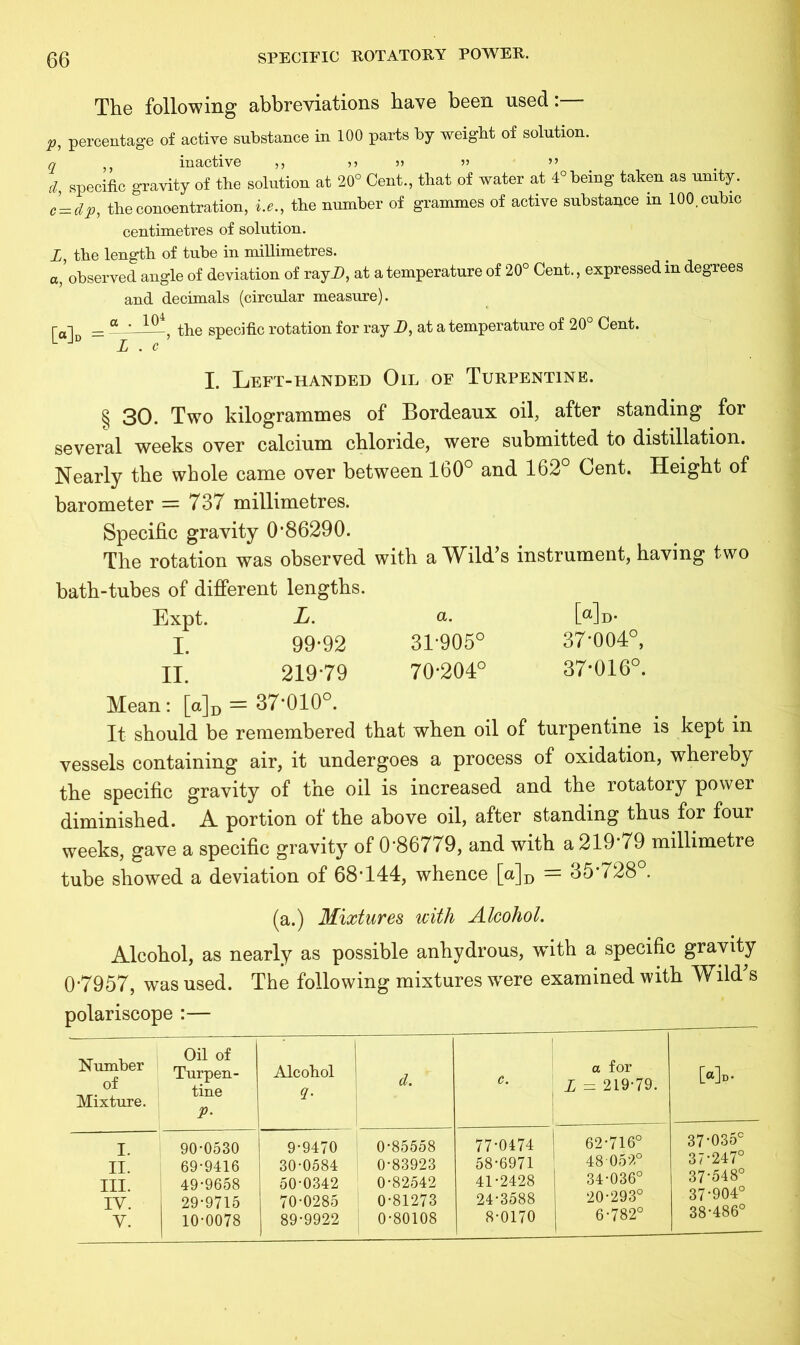 The following abbreviations have been used:— p, percentage of active substance in 100 parts by weight of solution. q inactive ,, » » ” d, specific gravity of the solution at 20° Cent., that of water at 4° being taken as unity. eLdp, the concentration, i.e., the number of grammes of active substance in 100. cubic centimetres of solution. X, the length of tube in millimetres. a, observed angle of deviation of rayi), at a temperature of 20° Cent., expressed in degrees and decimals (circular measure). rai = “* —, the specific rotation for ray D, at a temperature of 20° Cent. L JD L . c I. Left-handed Oil of Turpentine. § 30. Two kilogrammes of Bordeaux oil, after standing for several weeks over calcium chloride, were submitted to distillation. Nearly the whole came over between 160° and 162° Cent. Height of barometer = 737 millimetres. Specific gravity O’86290. The rotation was observed with a Wild’s instrument, having two bath-tubes of different lengths. Expt. L. a. Mm I. 99*92 31*905° 37*004°, II. 219*79 70*204° 37*016°. Mean : [a]D = 37*010°. It should be remembered that when oil of turpentine is kept in vessels containing air, it undergoes a process of oxidation, whereby the specific gravity of the oil is increased and the rotatory power diminished. A portion of the above oil, after standing thus for four weeks, gave a specific gravity of 0*86779, and with a 219*79 millimetre tube showed a deviation of 68*144, whence [a]D = 35*728°. (a.) Mixtures with Alcohol. Alcohol, as nearly as possible anhydrous, with a specific gravity 0*7957, was used. The following mixtures were examined with Wild’s polariscope :— Number of Mixture. Oil of Turpen- tine P• Alcobol ! d. c. a for L = 219-79. [«]»■ I. 90-0530 9-9470 0-85558 77-0474 62-716° 37-035° II. 69-9416 30-0584 0-83923 58-6971 48 052° 37-247° III. 49-9658 50-0342 0-82542 41-2428 34-036° 37*548° IV. 29-9715 70-0285 0-81273 24-3588 20-293° 37*904° V. 10-0078 89-9922 0-80108 8-0170 6-782° 38-486°