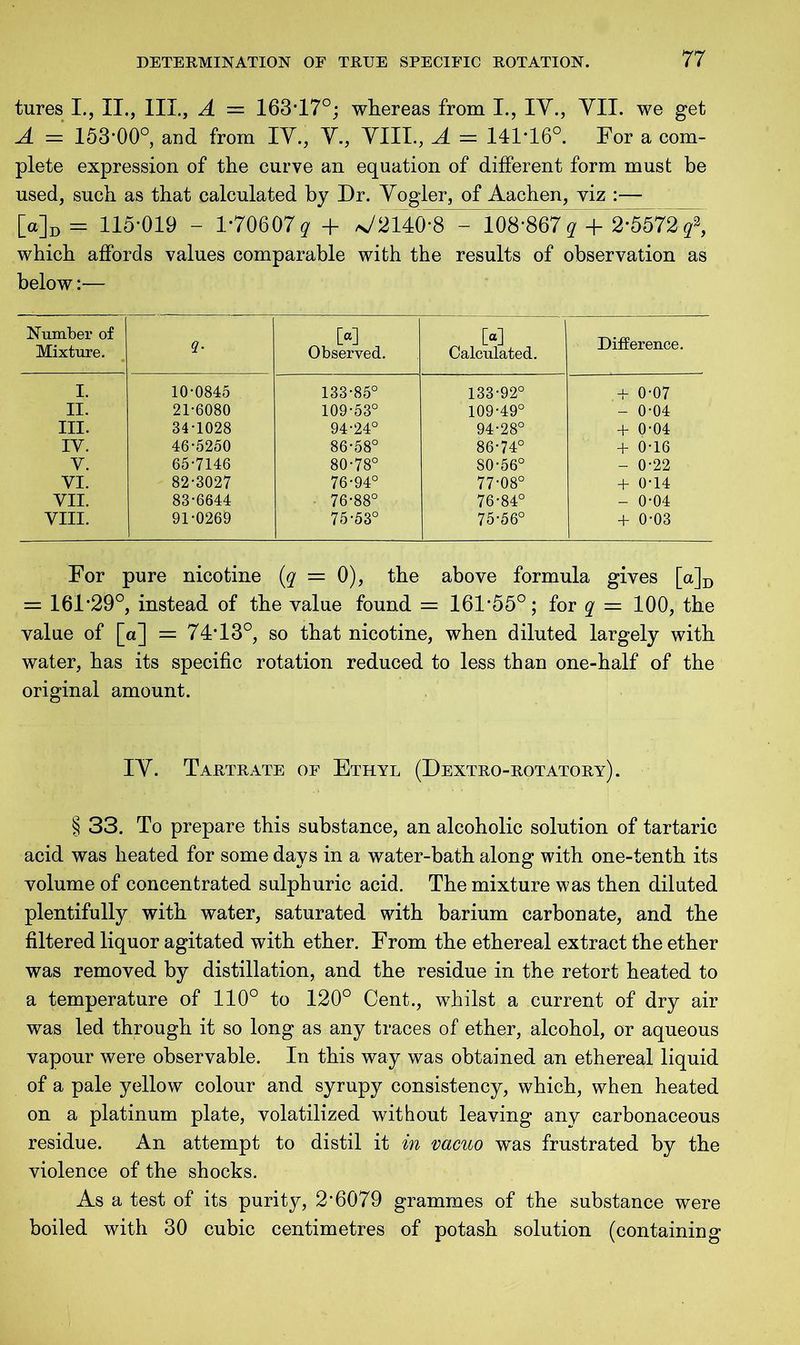 tures I., II., III., A = 163*17°; whereas from I., IV., VII. we get A — 153*00°, and from IV., V., VIII., A — 141*16°. For a com- plete expression of the curve an equation of different form must be used, such as that calculated by Dr. Vogler, of Aachen, viz :— [a]D= 115*019 - 1*70607 q + ^2140*8 - 108*867 ? + 2*5572^, which affords values comparable with the results of observation as below:— Number of Mixture. M Observed. M Calculated. Difference. I. 10-0845 133-85° 133-92° + 0-07 II. 21-6080 109-53° 109-49° - 0-04 III. 34-1028 94-24° 94-28° + 0-04 IV. 46-5250 86-58° 86-74° + 0-16 y. 65-7146 80-78° S0-56° - 0-22 VI. 82-3027 76-94° 77-08° + 0-14 VII. 83-6644 76-88° 76-84° - 0-04 VIII. 91-0269 75-53° 75-56° + 0-03 For pure nicotine (q = 0), the above formula gives [a]D = 161*29°, instead of the value found = 161*55°; for q = 100, the value of [a] = 74*13°, so that nicotine, when diluted largely with water, has its specific rotation reduced to less than one-half of the original amount. IV. Tartrate of Ethyl (Dextro-rotatory). § 33. To prepare this substance, an alcoholic solution of tartaric acid was heated for some days in a water-bath along with one-tenth its volume of concentrated sulphuric acid. The mixture was then diluted plentifully with water, saturated with barium carbonate, and the filtered liquor agitated with ether. From the ethereal extract the ether was removed by distillation, and the residue in the retort heated to a temperature of 110° to 120° Cent., whilst a current of dry air was led through it so long as any traces of ether, alcohol, or aqueous vapour were observable. In this way was obtained an ethereal liquid of a pale yellow colour and syrupy consistency, which, when heated on a platinum plate, volatilized without leaving any carbonaceous residue. An attempt to distil it in vacuo was frustrated by the violence of the shocks. As a test of its purity, 2*6079 grammes of the substance were boiled with 30 cubic centimetres of potash solution (containing