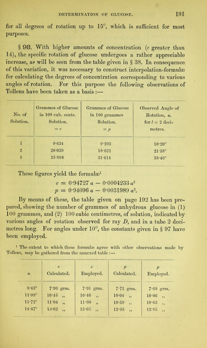 for all degrees of rotation up to 15°, which is sufficient for most purposes. § 98. With higher amounts of concentration (c greater than 14), the specific rotation of glucose undergoes a rather appreciable increase, as will be seen from the table given in § 38. In consequence of this variation, it was necessary to construct interpolation-formulae for calculating the degrees of concentration corresponding to various angles of rotation. For this purpose the following observations of Tollens have been taken as a basis :— No. of Solution. Grammes of Glucose in 100 cub. cents. Solution. = c Grammes of Glucose in 100 grammes Solution. = P Observed Angle of Rotation, a, for 1=2 deci- metres. 1 9-634 9-292 10-20° 2 20-039 18-621 21-38° 3 35-898 31-614 38-46° These figures yield the formulae1 e = 0-94727 a - 0-0004233 a2 p = 0-94096 a - 0-0031989 a2. By means of these, the table given on page 192 has been pre- pared, showing the number of grammes of anhydrous glucose in (1) 100 grammes, and (2) 100 cubic centimetres, of solution, indicated by various angles of rotation observed for ray D, and in a tube 2 deci- metres long. For angles under 10°, the constants given in § 97 have been employed. 1 The extent to which these formulae agree with other observations made by Tollens, may be gathered from the annexed table :— c c P P a Calculated. Employed. Calculated. Employed. 8-43° 7 '96 grm. 7*91 grm. 7’71 grm. 7*68 grm. 11-09° 10-45 „ 10-46 ,, 10-04 „ 10-06 ,, 11-72° 11-04 „ 11-08 „ 10-59 ,, 10-63 „ O 1 13-62 ,, 13-63 ,, 12-95 ,, 12-95 ,,