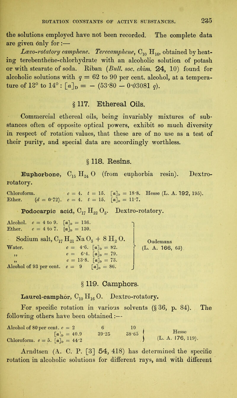 the solutions emploj^ed have not been recorded. The complete data are given only for:— Lcevo-rotatory camphene. Terecamphene, C10 H16, obtained by heat- ing terebenthene-chlorhydrate with an alcoholic solution of potash or with stearate of soda. Riban (Bull. soc. chim. 24, 10) found for alcoholic solutions with q = 62 to 90 per cent, alcohol, at a tempera- ture of 13° to 14° : [a]D = — (53*80 — 0*03081 q). § 117. Ethereal Oils. Commercial ethereal oils, being invariably mixtures of sub- stances often of opposite optical powers, exhibit so much diversity in respect of rotation values, that these are of no use as a test of their purity, and special data are accordingly worthless. § 118. Resins. Euphorbone, C15 H24 O (from euphorbia resin). Dextro- rotatory. Chloroform. c = 4. t — 15. [a]D = 18-8. Hesse (L. A. 192, 195). Ether. {d = 0-72). c — 4. t — 15. [a]D — 11’7. Podocarpic acid, C17 H22 03. Dextro-rotatory. Alcohol, c — 4 to 9. [a]D = 136. Ether, c = 4 to 7. [a]D = 130. Sodium salt, C17 H21 Na 03 -f 8 H2 O. Water. c = 4*6. [o]D = 82. v „ c = 6-4. [o]D = 79. „ 6- = 13-8. [<*]„ = 73. Alcohol of 93 per cent, c — 9 [a]D = 86. J Oudemans (L. A. 166, 65). § 119. Camphors. Laurel-camphor, C10 H16 O. Dextro-rotatory. For specific rotation in various solvents (§ 36, p. 84). The following others have been obtained :— Alcohol of 80 per cent, c — 2 6 10 [a]* = 40.9 39-25 38-65 [ Hesse Chloroform, e = 5. [«]D = 44‘2 ) (L- A- l76’ 119)‘ Arndtsen (A. C. P. [3] 54, 418) has determined the specific rotation in alcoholic solutions for different rays, and with different
