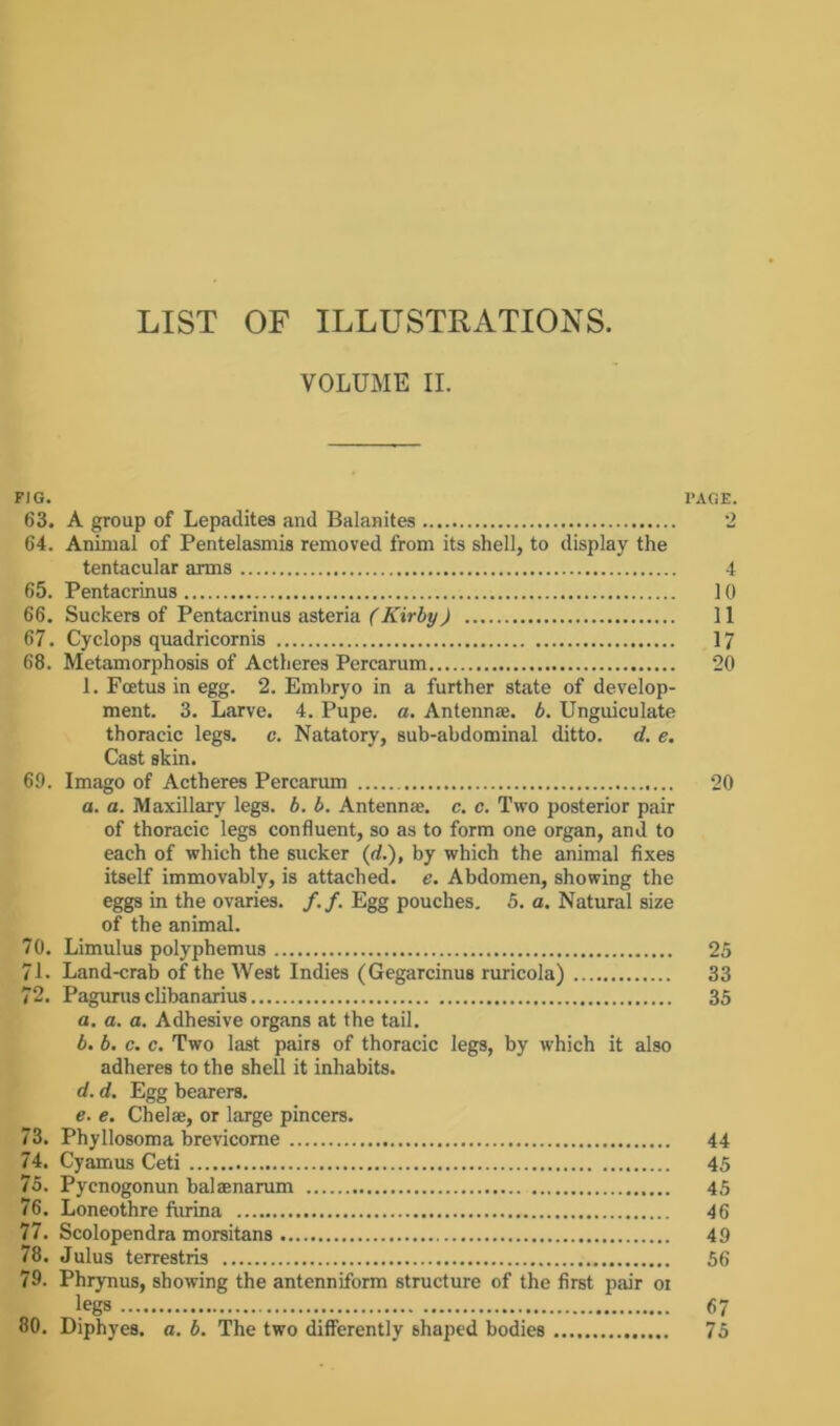 LIST OF ILLUSTRATIONS. VOLUME II. FIG. PAGE. 63. A group of Lepadites and Balanites 2 64. Animal of Pentelasmis removed from its shell, to display the tentacular arms 4 65. Pentacrinus 10 66. Suckers of Pentacrinus asteria (Kirby) 11 67. Cyclops quadricornis 17 68. Metamorphosis of Actheres Percarum 20 1. Foetus in egg. 2. Embryo in a further state of develop- ment. 3. Larve. 4. Pupe. a. Antennae, b. Unguiculate thoracic legs. c. Natatory, sub-abdominal ditto, d. e. Cast skin. 69. Imago of Actheres Percarum 20 a. a. Maxillary legs. b. b. Antenna, c. c. Two posterior pair of thoracic legs confluent, so as to form one organ, and to each of which the sucker (d.), by which the animal fixes itself immovably, is attached, e. Abdomen, showing the eggs in the ovaries. /./. Egg pouches. 5. a. Natural size of the animal. 70. Limulus polyphemus 25 71. Land-crab of the West Indies (Gegarcinus ruricola) 33 72. Pagurus clibanarius 35 a. a. a. Adhesive organs at the tail. b. b. c. c. Two last pairs of thoracic legs, by which it also adheres to the shell it inhabits. d. d. Egg bearers. e. e. Chelae, or large pincers. 73. Phyllosoma brevicome 44 74. Cyamus Ceti 45 75. Pycnogonun balaenarum 45 76. Loneothre furina 46 77. Scolopendra morsitans 49 78. Julus terrestris 56 79. Phrynus, showing the antenniform structure of the first pair or legs 67 80. Diphyes. a. b. The two differently shaped bodies 75