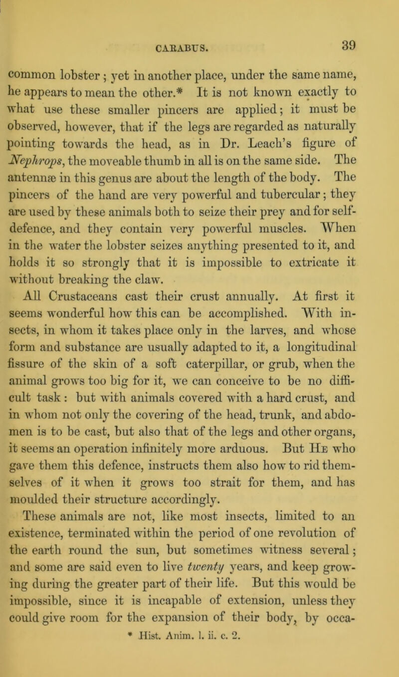 CARABUS. common lobster ; yet in another place, under the same name, he appears to mean the other.* It is not known exactly to what use these smaller pincers are applied; it must he observed, however, that if the legs are regarded as naturally pointing towards the head, as in Dr. Leach’s figure of Nephrops, the moveable thumb in all is on the same side. The antennpe in this genus are about the length of the body. The pincers of the hand are very powerful and tubercular; they are used by these animals both to seize their prey and for self- defence, and they contain very powerful muscles. When in the water the lobster seizes anything presented to it, and holds it so strongly that it is impossible to extricate it without breaking the claw. All Crustaceans cast their crust annually. At first it seems wonderful how this can be accomplished. With in- sects, in whom it takes place only in the larves, and whose form and substance are usually adapted to it, a longitudinal fissure of the skin of a soft caterpillar, or grub, when the animal grows too big for it, we can conceive to be no diffi- cult task : but with animals covered with a hard crust, and in whom not only the covering of the head, trunk, and abdo- men is to be cast, but also that of the legs and other organs, it seems an operation infinitely more arduous. But He who gave them this defence, instructs them also how to rid them- selves of it when it grows too strait for them, and has moidded their structure accordingly. These animals are not, like most insects, limited to an existence, terminated within the period of one revolution of the earth round the sun, but sometimes witness several; and some are said even to live twenty years, and keep grow- ing during the greater part of their life. But this would be impossible, since it is incapable of extension, unless they could give room for the expansion of their body, by occa- * Hist. Anim. 1. ii. c. 2.