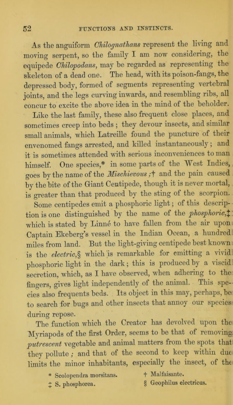 *9 04 EUNCTIONS AND INSTINCTS. As the anguiform Cfhilognathans represent the living and moving serpent, so the family I am now considering, the equipede Ohilopodans, may he regarded as representing the skeleton of a dead one. The head, with its poison-fangs, the depressed body, formed of segments representing vertebral joints, and the legs curving inwards, and resembling ribs, all concur to excite the above idea in the mind of the beholder. Like the last family, these also frequent close places, and sometimes creep into beds ; they devour insects, and similar small animals, which Latreille found the puncture of their envenomed fangs arrested, and killed instantaneously; and it is sometimes attended with serious inconveniences to man himself. One species,* in some parts of the West Indies, goes by the name of the Mischievous ;f and the pain caused by the bite of the Giant Centipede, though it is never mortal, is greater than that produced by the sting of the scorpion. Some centipedes emit a phosphoric light; of this descrip- tion is one distinguished by the name of the phosphoric,X which is stated by Linne to have fallen from the air upon Captain Ekeberg’s vessel in the Indian Ocean, a hundred miles from land. But the light-giving centipede best known is the electric,§ which is remarkable for emitting a vivid phosphoric light in the dark; this is produced by a viscid secretion, which, as I have observed, when adhering to the fingers, gives light independently of the animal. This spe- cies also frequents beds. Its object in this may, perhaps, be to search for bugs and other insects that annoy our species during repose. The function which the Creator has devolved upon the Myriapods of the first Order, seems to be that of removing putrescent vegetable and animal matters from the spots that they pollute; and that of the second to keep within due limits the minor inhabitants, especially the insect, of the * Scolopenclra morsitans. 1* Malfaisante. * S. phosphorea. § Geophilus electricus.