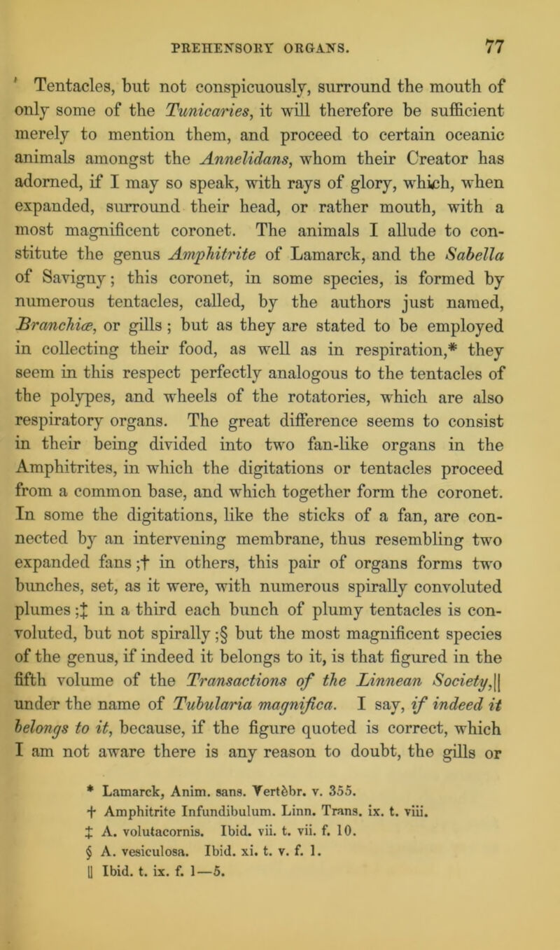 Tentacles, but not conspicuously, surround the mouth of only some of the Tunicaries, it will therefore he sufficient merely to mention them, and proceed to certain oceanic animals amongst the Annelidans, whom their Creator has adorned, if I may so speak, with rays of glory, which, when expanded, surround their head, or rather mouth, with a most magnificent coronet. The animals I allude to con- stitute the genus Amphitrite of Lamarck, and the Sabella of Savigny; this coronet, in some species, is formed hy numerous tentacles, called, by the authors just named, Branchice, or gills ; hut as they are stated to be employed in collecting their food, as well as in respiration,* they seem in this respect perfectly analogous to the tentacles of the polypes, and wheels of the rotatories, which are also respiratory organs. The great difference seems to consist in their being divided into two fan-like organs in the Amphitrites, in which the digitations or tentacles proceed from a common base, and which together form the coronet. In some the digitations, like the sticks of a fan, are con- nected hy an intervening membrane, thus resembling two expanded fans ;f in others, this pair of organs forms two bunches, set, as it were, with numerous spirally convoluted plumes in a third each hunch of plumy tentacles is con- voluted, hut not spirally ;§ but the most magnificent species of the genus, if indeed it belongs to it, is that figured in the fifth volume of the Transactions of the Linnean Society,\\ under the name of Tubularia magnifica. I say, if indeed it belongs to it, because, if the figure quoted is correct, which I am not aware there is any reason to doubt, the gills or * Lamarck, Anim. sans. Vertfcbr. v. 355. f Amphitrite Infundibulum. Linn. Trans, ix. t. viii. X A. volutacornis. Ibid. vii. t. vii. f. 10. $ A. vesiculosa. Ibid. xi. t. v. f. 1. U Ibid. t. ix. f. 1—5.