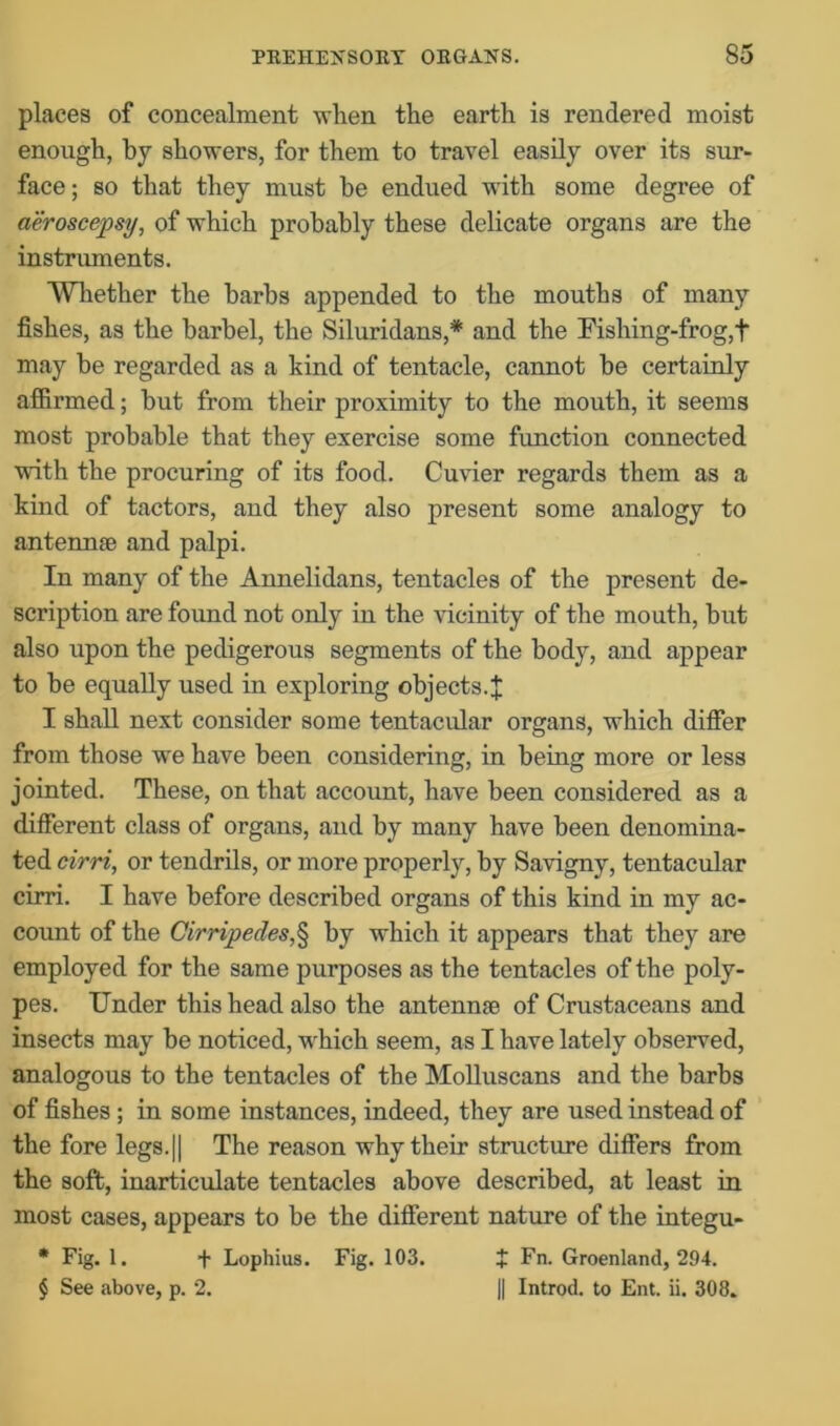 places of concealment when the earth is rendered moist enough, by showers, for them to travel easily over its sur- face; so that they must be endued with some degree of aeroscepsy, of which probably these delicate organs are the instruments. Whether the barbs appended to the mouths of many fishes, as the barbel, the Siluridans,* and the Fishing-frog,f may be regarded as a hind of tentacle, cannot be certainly affirmed; but from their proximity to the mouth, it seems most probable that they exercise some function connected with the procuring of its food. Cuvier regards them as a kind of factors, and they also present some analogy to antennae and palpi. In many of the Annelidans, tentacles of the present de- scription are found not only in the vicinity of the mouth, but also upon the pedigerous segments of the body, and appear to be equally used in exploring objects. J I shall next consider some tentacular organs, which differ from those we have been considering, in being more or less jointed. These, on that account, have been considered as a different class of organs, and by many have been denomina- ted cirri, or tendrils, or more properly, by Savigny, tentacular cirri. I have before described organs of this kind in my ac- count of the Cirripedes,§ by which it appears that they are employed for the same purposes as the tentacles of the poly- pes. Under this head also the antenna; of Crustaceans and insects may be noticed, wrhich seem, as I have lately observed, analogous to the tentacles of the Molluscans and the barbs of fishes ; in some instances, indeed, they are used instead of the fore legs.|| The reason why their structure differs from the soft, inarticulate tentacles above described, at least in most cases, appears to be the different nature of the integu- * Fig. 1. t Lophius. Fig. 103. + Fn. Greenland, 294. $ See above, p. 2. j| Introd. to Ent. ii. 308.