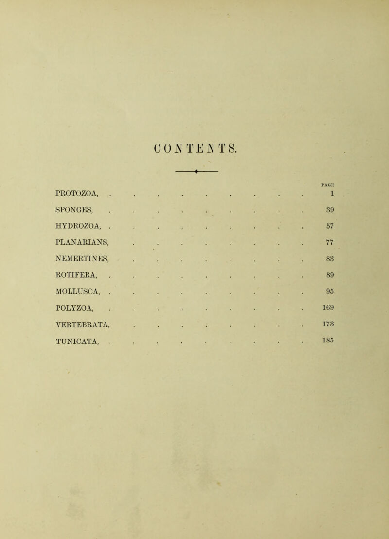 CONTENTS. PACK PROTOZOA, 1 SPONGES, 39 HYDROZOA, 57 PLANARIANS, 77 NEMERTINES, 83 ROTIFERA, 89 MOLLUSCA, 95 POLYZOA, 169 VERTEBRATA, 173 TUNICATA, 185