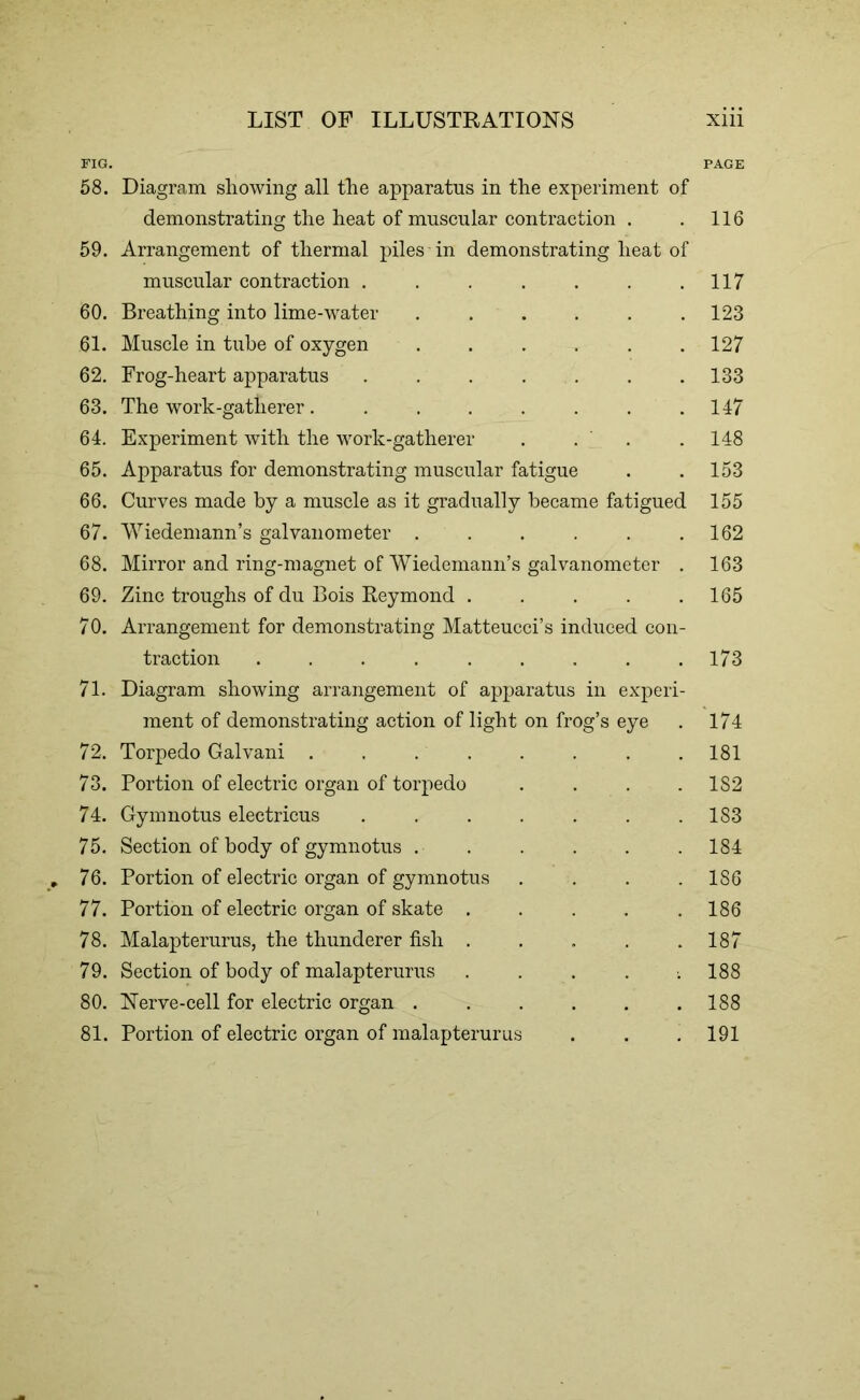 FIG. PAGE 58. Diagram showing all the apparatus in the experiment of demonstrating the heat of muscular contraction . . 116 59. Arrangement of thermal piles in demonstrating heat of muscular contraction . . . . . . .117 60. Breathing into lime-water . . . . . .123 61. Muscle in tube of oxygen . . . . . .127 62. Frog-heart apparatus ....... 133 63. The work-gatlierer 147 64. Experiment with the work-gatherer . . . 148 65. Apparatus for demonstrating muscular fatigue . .153 66. Curves made by a muscle as it gradually became fatigued 155 67. 'Wiedemann’s galvanometer . . . . . .162 68. Mirror and ring-magnet of Wiedemann’s galvanometer . 163 69. Zinc troughs of du Bois Reymond . . . . .165 70. Arrangement for demonstrating Matteucci’s induced con- traction ......... 173 71. Diagram showing arrangement of apparatus in experi- ment of demonstrating action of light on frog’s eye . 174 72. Torpedo Galvani . . . . . . . . 181 73. Portion of electric organ of torpedo .... 182 74. Gymnotus electricus . . . . . . .183 75. Section of body of gymnotus . . . . . . 184 76. Portion of electric organ of gymnotus . . . .186 77. Portion of electric organ of skate ..... 186 78. Malapterurus, the thunderer fish 187 79. Section of body of malapterurus •. 188 80. Nerve-cell for electric organ 188 81. Portion of electric organ of malapterurus . . . 191
