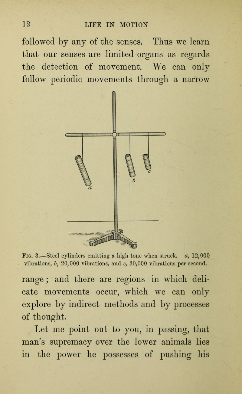 followed by any of the senses. Thus we learn that our senses are limited organs as regards the detection of movement. We can only follow periodic movements through a narrow Fig. 3.—Steel cylinders emitting a high tone when struck, a, 12,000 vibrations, b, 20,000 vibrations, and c, 30,000 vibrations per second. range; and there are regions in which deli- cate movements occur, which we can only explore by indirect methods and by processes of thought. Let me point out to you, in passing, that man’s supremacy over the lower animals lies in the power he possesses of pushing his