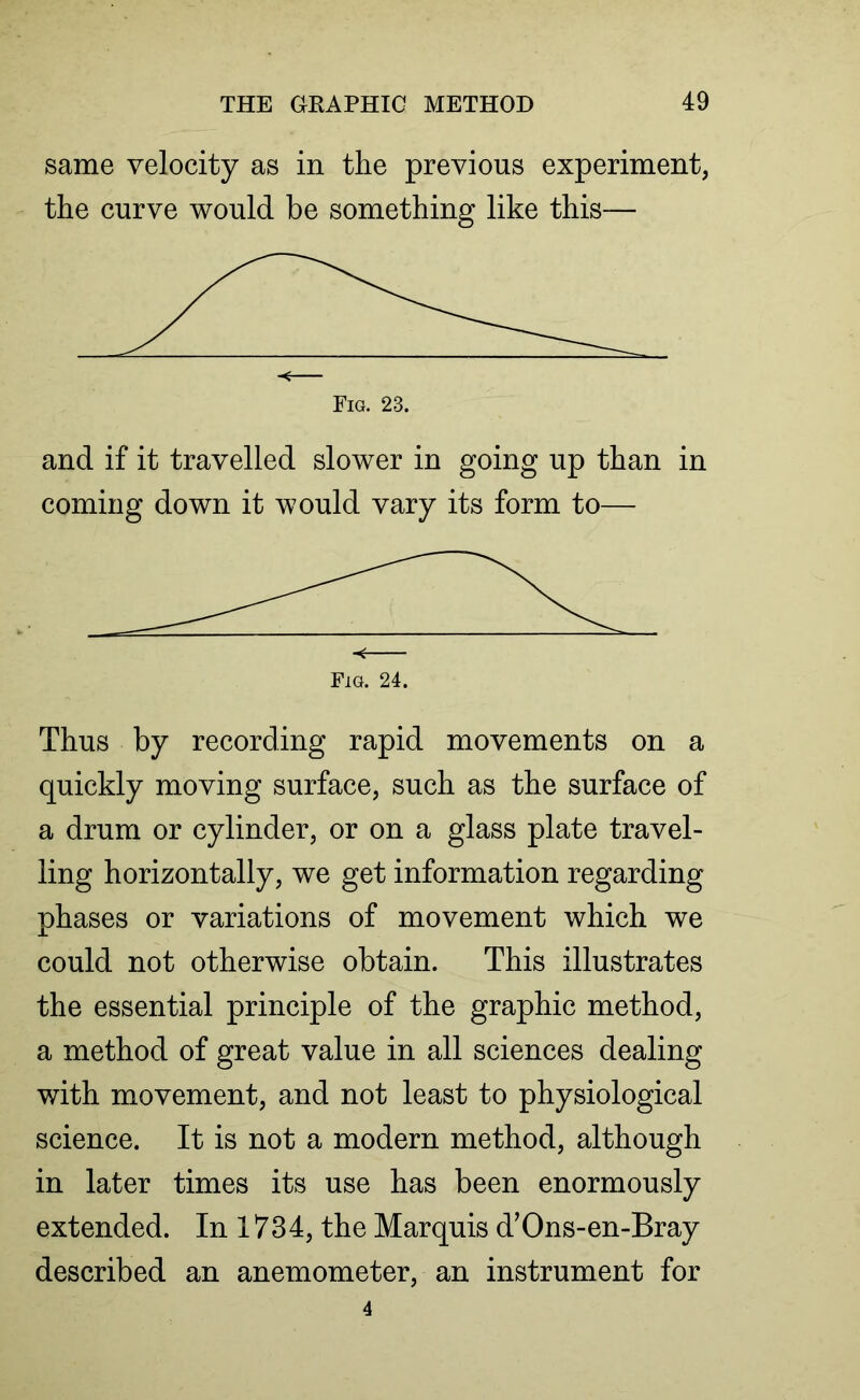 same velocity as in the previous experiment, the curve would be something like this— Fig. 23. and if it travelled slower in going up than in coming down it would vary its form to— Fig. 24. Thus by recording rapid movements on a quickly moving surface, such as the surface of a drum or cylinder, or on a glass plate travel- ling horizontally, we get information regarding phases or variations of movement which we could not otherwise obtain. This illustrates the essential principle of the graphic method, a method of great value in all sciences dealing with movement, and not least to physiological science. It is not a modern method, although in later times its use has been enormously extended. In 1734, the Marquis d’Ons-en-Bray described an anemometer, an instrument for 4