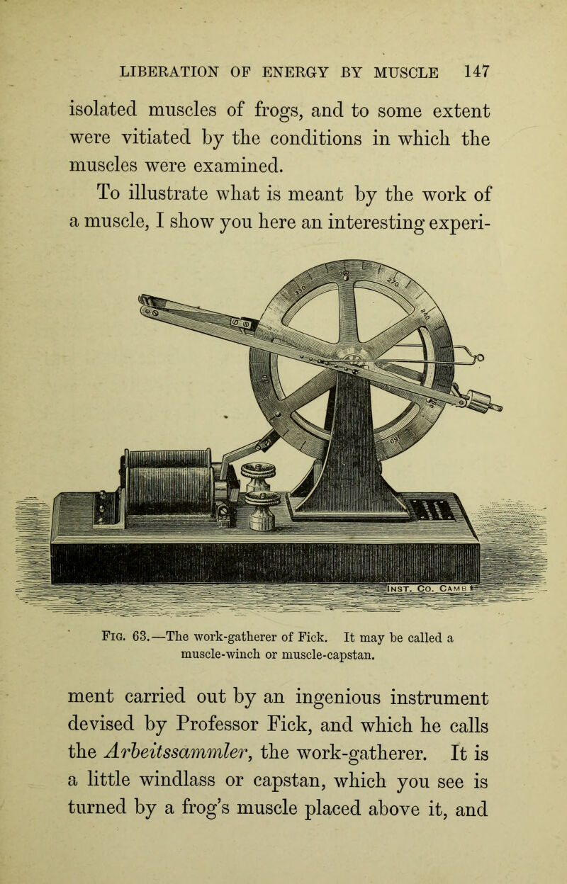 isolated muscles of frogs, and to some extent were vitiated by the conditions in which the muscles were examined. To illustrate what is meant by the work of a muscle, I show you here an interesting experi- Fig. 63.—The work-gatherer of Fick. It may be called a muscle-winch or muscle-capstan. ment carried out by an ingenious instrument devised by Professor Fick, and which he calls the Arbeitssammler, the work-gatherer. It is a little windlass or capstan, which you see is turned by a frog’s muscle placed above it, and