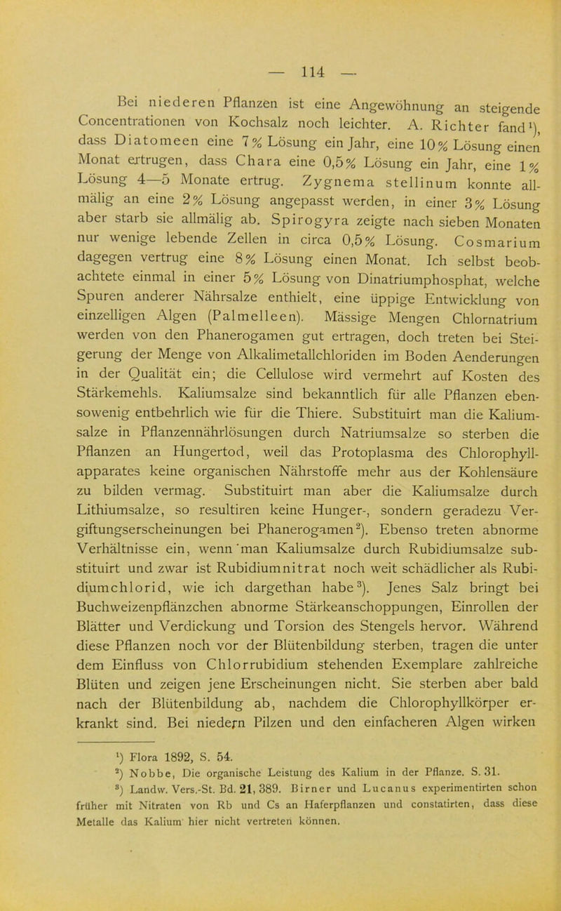 Bei niederen Pflanzen ist eine Angewöhnung an steigende Concentrationen von Kochsalz noch leichter. A. Richter fand* *) dass Diatomeen eine 7% Lösung ein Jahr, eine 10% Lösung einen Monat eatrugen, dass Chara eine 0,5% Lösung ein Jahr, eine 1% Lösung 4—5 Monate ertrug. Zygnema stellinum konnte all- mälig an eine 2% Lösung angepasst werden, in einer 3% Lösung aber starb sie allmälig ab. Spirogyra zeigte nach sieben Monaten nur wenige lebende Zellen in circa 0,5% Lösung. Cosmarium dagegen vertrug eine 8% Lösung einen Monat. Ich selbst beob- achtete einmal in einer 5% Lösung von Dinatriumphosphat, welche Spuren anderer Nährsalze enthielt, eine üppige Entwicklung von einzelligen Algen (Palmelleen). Massige Mengen Chlornatrium werden von den Phanerogamen gut ertragen, doch treten bei Stei- gerung der Menge von Alkalimetallchloriden im Boden Aenderungen in der Qualität ein; die Cellulose wird vermehrt auf Kosten des Stärkemehls. Kaliumsalze sind bekanntlich für alle Pflanzen eben- sowenig entbehrlich wie für die Thiere. Substituirt man die Kalium- salze in Pflanzennährlösungen durch Natriumsalze so sterben die Pflanzen an Hungertod, weil das Protoplasma des Chlorophyll- apparates keine organischen Nährstoffe mehr aus der Kohlensäure zu bilden vermag. Substituirt man aber die Kaliumsalze durch Lithiumsalze, so resultiren keine Hunger-, sondern geradezu Ver- giftungserscheinungen bei Phanerogamen^). Ebenso treten abnorme Verhältnisse ein, wenn‘man Kaliumsalze durch Rubidiumsalze sub- stituirt und zwar ist Rubidiumnitrat noch weit schädlicher als Rubi- diumchlorid, wie ich dargethan habe^). Jenes Salz bringt bei Buchweizenpflänzchen abnorme Stärkeanschoppungen, Einrollen der Blätter und Verdickung und Torsion des Stengels hervor. Während diese Pflanzen noch vor der Blütenbildung sterben, tragen die unter dem Einfluss von Chlorrubidium stehenden Exemplare zahlreiche Blüten und zeigen jene Erscheinungen nicht. Sie sterben aber bald nach der Blütenbildung ab, nachdem die Chlorophyllkörper er- krankt sind. Bei niedern Pilzen und den einfacheren Algen wirken *) Flora 1892, S. 54. *) Nobbe, Die organische Leistung des Kalium in der Pflanze. S. 31. Landw. Vers.-St. Bd. 21, 389. Birner und Lucanus experimentirten schon früher mit Nitraten von Rb und Cs an Plaferpflanzen und constatirten, dass diese Metalle das Kalium hier nicht vertreten können.