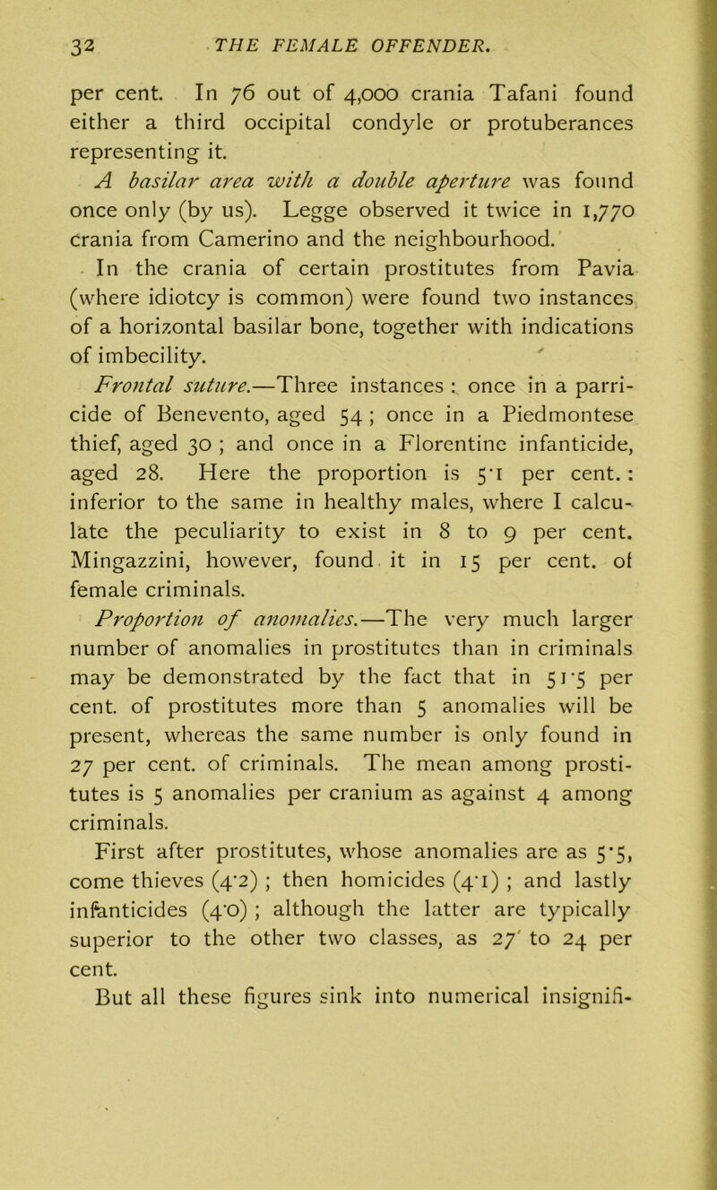 per cent. In 76 out of 4,000 crania Tafani found either a third occipital condyle or protuberances representing it. A basilar area with a double aperture was found once only (by us). Legge observed it twice in 1,770 Crania from Camerino and the neighbourhood. In the crania of certain prostitutes from Pavia (where idiotcy is common) were found two instances of a horizontal basilar bone, together with indications of imbecility. Frontal suture.—Three instances : once in a parri- cide of Benevento, aged 54 ; once in a Piedmontese thief, aged 30 ; and once in a Florentine infanticide, aged 28. Here the proportion is 5-i per cent. : inferior to the same in healthy males, where I calcu- late the peculiarity to exist in 8 to 9 per cent. Mingazzini, however, found it in 15 per cent, ot female criminals. Proportion of anomalies.—The very much larger number of anomalies in prostitutes than in criminals may be demonstrated by the fact that in 51*5 per cent of prostitutes more than 5 anomalies will be present, whereas the same number is only found in 27 per cent, of criminals. The mean among prosti- tutes is 5 anomalies per cranium as against 4 among criminals. First after prostitutes, whose anomalies are as 5*5, come thieves (4*2) ; then homicides (4'i) ; and lastly infanticides (4*0) ; although the latter are typically superior to the other two classes, as 27' to 24 per cent. But all these figures sink into numerical insignih-