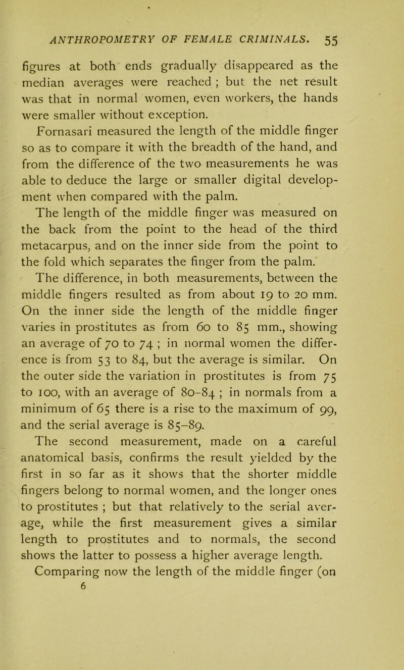 figures at both ends gradually disappeared as the median averages were reached ; but the net result was that in normal women, even workers, the hands were smaller without exception. Fornasari measured the length of the middle finger so as to compare it with the breadth of the hand, and from the difference of the two measurements he was able to deduce the large or smaller digital develop- ment when compared with the palm. The length of the middle finger was measured on the back from the point to the head of the third metacarpus, and on the inner side from the point to the fold which separates the finger from the palm. The difference, in both measurements, between the middle fingers resulted as from about 19 to 20 mm. On the inner side the length of the middle finger varies in prostitutes as from 60 to 85 mm., showing an average of 70 to 74 ; in normal women the differ- ence is from 53 to 84, but the average is similar. On the outer side the variation in prostitutes is from 75 to 100, with an average of 80-84 ; in normals from a minimum of 65 there is a rise to the maximum of 99, and the serial average is 85-89. The second measurement, made on a careful anatomical basis, confirms the result yielded by the first in so far as it shows that the shorter middle fingers belong to normal women, and the longer ones to prostitutes ; but that relatively to the serial aver- age, while the first measurement gives a similar length to prostitutes and to normals, the second shows the latter to possess a higher average length. Comparing now the length of the middle finger (on 6