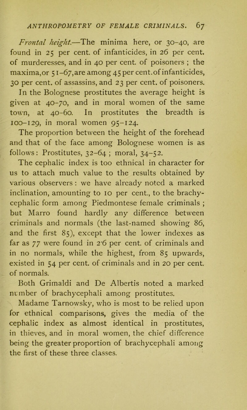 Frontal height.—The minima here, or 30-40, are found in 25 per cent, of infanticides, in 26 per cent, of murderesses, and in 40 per cent, of poisoners ; the maxima,or 51-67, are among 45 per cent, of infanticides, 30 per cent, of assassins, and 23 per cent, of poisoners. In the Bolognese prostitutes the average height is given at 40-70, and in moral women of the same town, at 40-60. In prostitutes the breadth is 100-129, in moral women 95-124. The proportion between the height of the forehead and that of the face among Bolognese women is as follows: Prostitutes, 32-64 ; moral, 34-52. The cephalic index is too ethnical in character for us to attach much value to the results obtained by various observers : we have already noted a marked inclination, amounting to 10 per cent., to the brachy- cephalic form among Piedmontese female criminals ; but Marro found hardly any difference between criminals and normals (the last-named showing 86, and the first 85), except that the lower indexes as far as 77 were found in 2'6 per cent, of criminals and in no normals, while the highest, from 85 upwards, existed in 54 per cent, of criminals and in 20 per cent, of normals. Both Grimaldi and De Albertis noted a marked number of brachycephali among prostitutes. Madame Tarnowsky, who is most to be relied upon for ethnical comparisons, gives the media of the cephalic index as almost identical in prostitutes, in thieves, and in moral women, the chief difference being the greater proportion of brachycephali among the first of these three classes.