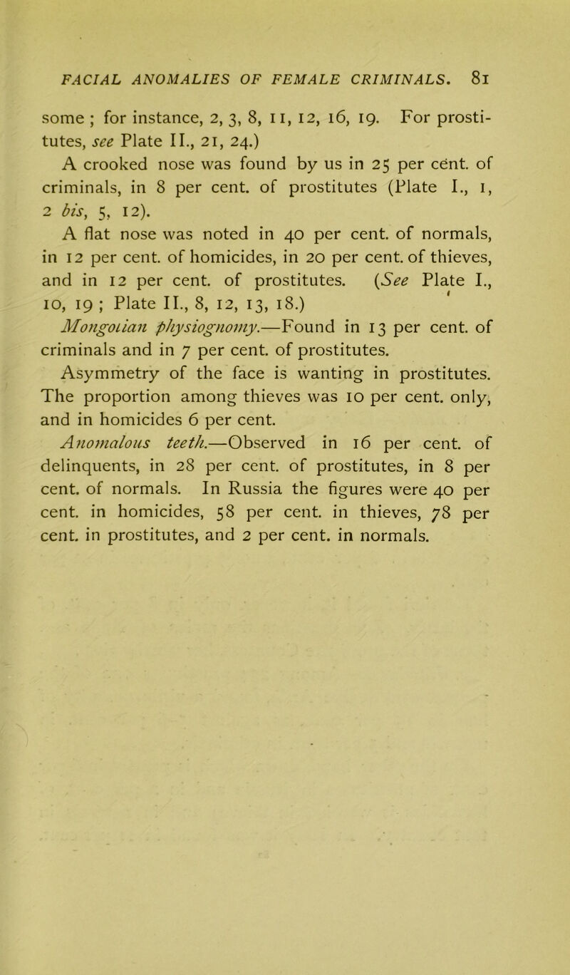 some ; for instance, 2, 3, 8, 11, 12, 16, 19. For prosti- tutes, see Plate II., 21, 24.) A crooked nose was found by us in 25 per cent, of criminals, in 8 per cent, of prostitutes (Plate I., 1, 2 bis, 5, 12). A flat nose was noted in 40 per cent, of normals, in 12 per cent, of homicides, in 20 per cent, of thieves, and in 12 per cent, of prostitutes. (See Plate I., 10, 19 ; Plate II., 8, 12, 13, 18.) Mongolian physiognomy.—Found in 13 per cent, of criminals and in 7 per cent, of prostitutes. Asymmetry of the face is wanting in prostitutes. The proportion among thieves was 10 per cent, only, and in homicides 6 per cent. Anomalous teeth.—Observed in 16 per cent, of delinquents, in 28 per cent, of prostitutes, in 8 per cent, of normals. In Russia the figures were 40 per cent, in homicides, 58 per cent, in thieves, 78 per cent, in prostitutes, and 2 per cent, in normals.