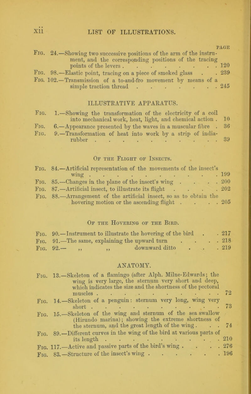 PAGE Fig. 24.—Showing two successive positions of the arm of the instru- ment, and the corresponding positions of the tracing points of the levers 120 Fig. 98.—Elastic point, tracing on a piece of smoked glass . . 239 Fig. 102.—Transmission of a to-and-fro movement by means of a simple traction thread ....... 245 ILLUSTRATIVE APPARATUS. Fig. 1.—Showing the transformation of the electricity of a coil into mechanical work, heat, light, and chemical action . 10 Fig. 6.—Appearance presented by the waves in a muscular fibre . 36 Fig. 9.—Transformation of heat into work by a strip of india- rubber 39 Of the Flight of Insects. Fig. 84.—Artificial representation of the movements of the insect’s wing 199 Fig. 85.—Changes in the plane of the insect’s wing . . . . 200 Fig. 87.—Artificial insect, to illustrate its flight .... 202 Fig. 88.—Arrangement of the artificial insect, so as to obtain the hovering motion or the ascending flight . . . 205 Of the Hovering of the Bird. Fig. 90.—Instrument to illustrate the hovering of the bird . . 217 Fig. 91.—The same, explaining the upward turn . . . . 218 Fig. 92.— ,, ,, downward ditto . . . 219 ANATOMY. Fig. 13.—Skeleton of a flamingo (after Alph. Milne-Edwards; the wing is very large, the sternum very short and deep, which indicates the size and the shortness of the pectoral muscles . . . . . • • • . . 72 Fig. 14.—Skeleton of a penguin: sternum very long, wing very short 73 Fig. 15.—Skeleton of the wing and sternum of the sea swallow (Hirundo marina); showing the extreme shortness of the sternum, and the great length of the wing . . . 74 pIGi 89.—Different curves in the wing of the bird at various parts of its length . . . . . . . ... 210 Fig. 117.—Active and passive parts of the bird’s wing . . . . 276 Fig. 83.—Structure of the insect’s wing 196