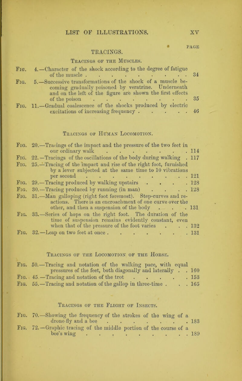 • PAGE TRACINGS. Tracings of the Muscles. Fig. 4.—Character of the shock according to the degree of fatigue of the muscle . . . . . . . . . 34 Fig. 5.—Successive transformations of the shock of a muscle be- coming gradually poisoned by veratrine. Underneath and on tire left of the figure are shown the first effects of the poison ........ 35 Fig. 11.—Gradual coalescence of the shocks produced by electric excitations of increasing frequency . . . . . 46 Tracings of Human Locomotion. Fig. 20.—Tracings of the impact and the pressure of the two feet in our ordinary walk . . . . . . .114 Fig. 22.—Tracings of the oscillations of the body during walking . 117 Fig. 25.—Tracing of the impact and rise of the right foot, furnished by a lever subjected at the same time to 10 vibrations per second ......... 121 Fig. 29.—Tracing produced by walking upstairs . . . .128 Fig. 30.—Tracing produced by running (in man) . . . . 128 Fig. 31.—Man galloping (right foot foremost). Step-curves and re- actions. There is an encroachment of one curve over the other, and then a suspension of the body . . .131 Fig. 33.—Series of hops on the right foot. The duration of the time of suspension remains evidently constant, eveii when that of the pressure of the foot varies . . . 132 Fig. 32.—Leap on two feet at once 131 Tracings of the Locomotion of the Horse. Fig. 50.—Tracing and notation of the walking pace, with equal pressures of the feet, both diagonally and lateral!}' . . 160 Fig. 45.—Tracing and notation of the trot ..... 153 Fig. 55.—Tracing and notation of the gallop in three-time . . . 165 Tracings of the Flight of Insects. Fig. 70.—Showing the frequency of the strokes of the wing of a drone-fly and a bee ....... 183 Fig. 72.—Graphic tracing of the middle portion of the course of a bee’s wing ......... 189