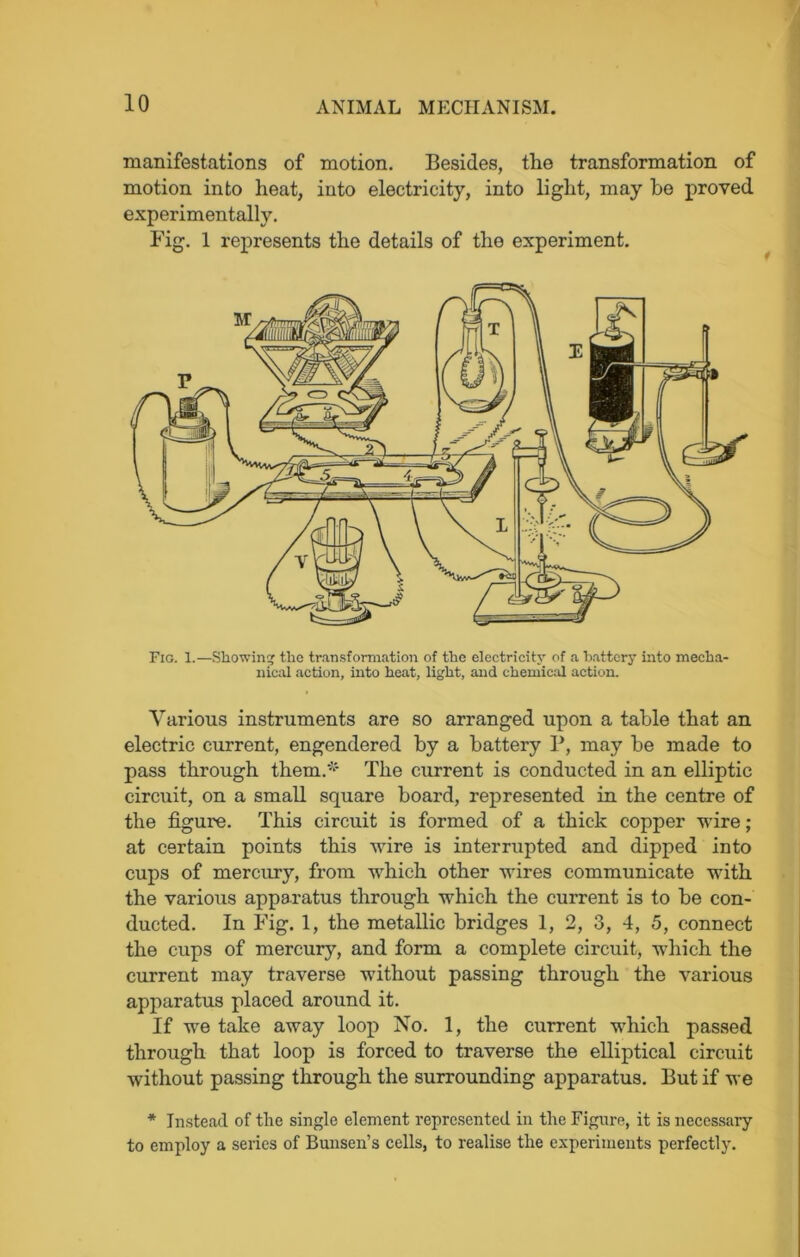 manifestations of motion. Besides, the transformation of motion into heat, into electricity, into light, may be proved experimentally. Fig. 1 represents the details of the experiment. Fig. 1.—Showing tlie transformation of the electricity of a battery into mecha- nical action, into heat, light, and chemical action. Various instruments are so arranged upon a table that an electric current, engendered by a battery P, may be made to pass through them.' The current is conducted in an elliptic circuit, on a small square board, represented in the centre of the figure. This circuit is formed of a thick copper wire; at certain points this wire is interrupted and dipped into cups of mercury, from which other wires communicate with the various apparatus through which the current is to be con- ducted. In Fig. 1, the metallic bridges 1, 2, 3, 4, 5, connect the cups of mercury, and form a complete circuit, which the current may traverse without passing through the various apparatus placed around it. If we take away loop No. 1, the current which passed through that loop is forced to traverse the elliptical circuit without passing through the surrounding apparatus. But if we * Instead of the single element represented in the Figure, it is necessary to employ a series of Bunsen’s cells, to realise the experiments perfectly.